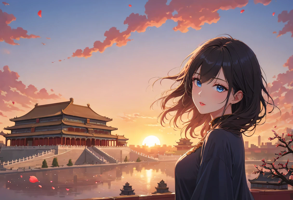 (best quality,4K,8k,high resolution,masterpiece:1.2),super detailed,portrait,Beautiful and delicate eyes,Beautiful and delicate lips,Extremely detailed eyes and face,long eyelashes,Styling poses,urban house,飘逸of hair,Distant skyline view,夕阳下的the forbidden city,Create beautiful scenery,The wind blows the girl'of hair,the forbidden city,Sunset,evening afterglow,Colorful clouds,falling petals,capital city,dead tree,mottled,contour,backlight,Contrast between light and shadow,