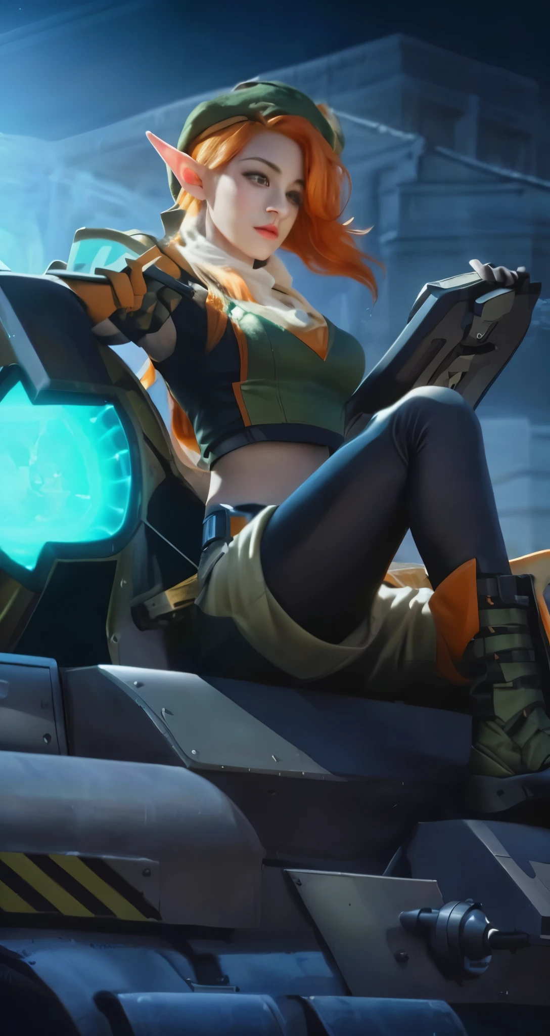 Real life adaption of this character, beauty face, realistic same orange hair hair, elf ear,there is a porta beside her,realistic same outfit, realistic light, realistic shadow, realism, hyper realistic, (photorealistic 1:2)