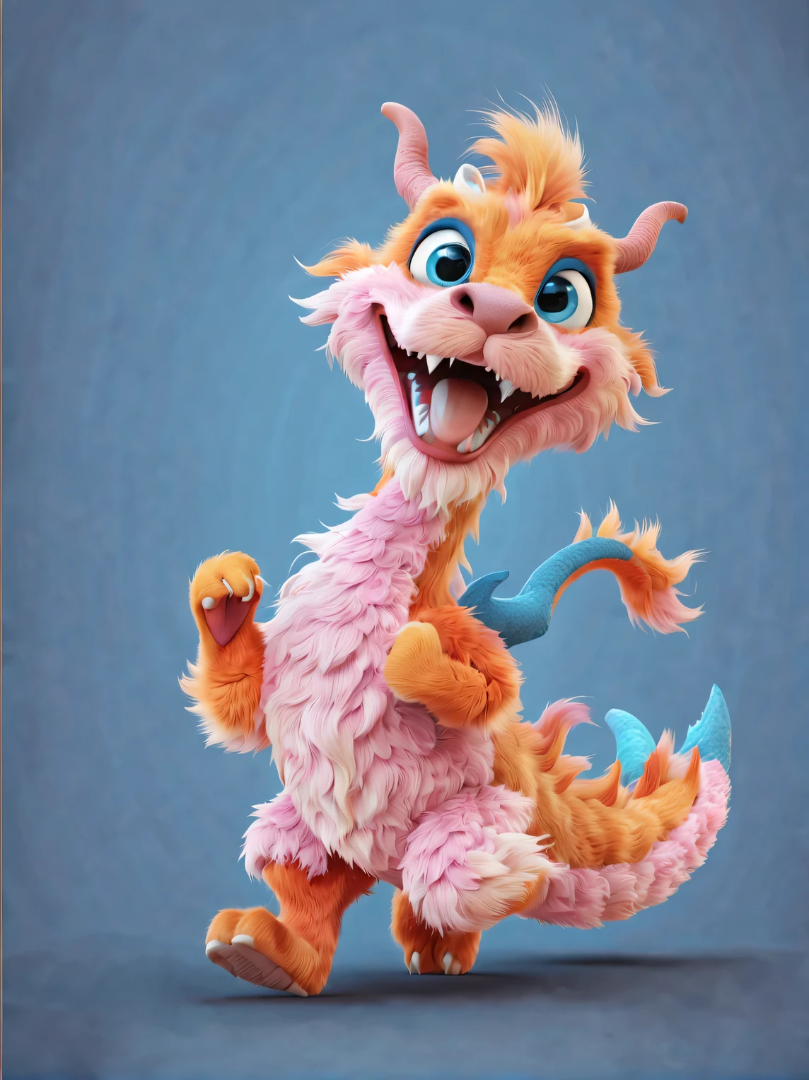 3d rendering, realistic fur, role conception, The cute Chinese zodiac sign Dragon takes an exaggerated stride, dynamic action, orange fur, big blue eyes, Squint your eyes and smile mischievously (Eyes narrowed into crescent shape), Wearing scarlet clothes, range mark drawing, monochrome, brush outline, 4K, soft pink, interesting,