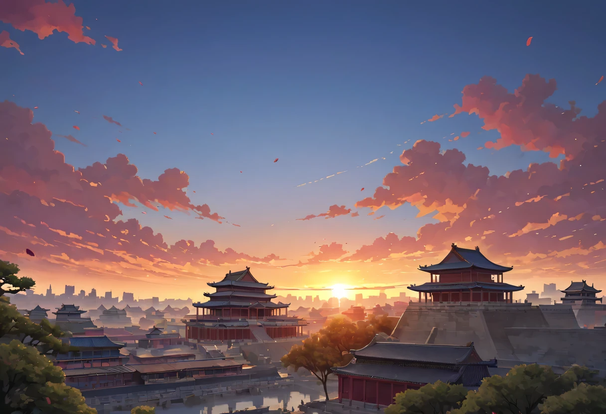 （best quality，4K，8k，high resolution，masterpiece：1.2），super detailed，portrait，Beautiful and delicate eyes，Beautiful and delicate lips，Extremely detailed eyes and face，long eyelashes，Styling poses，ancient city houses，flowing hair，Distant skyline view，夕阳照亮了the forbidden city，Create beautiful scenery，The wind blew the hair of the ancient city，the forbidden city，Sunset，evening afterglow，Colorful clouds，falling petals，capital city，dead tree，mottled，contour，backlight，Contrast between light and shadow，