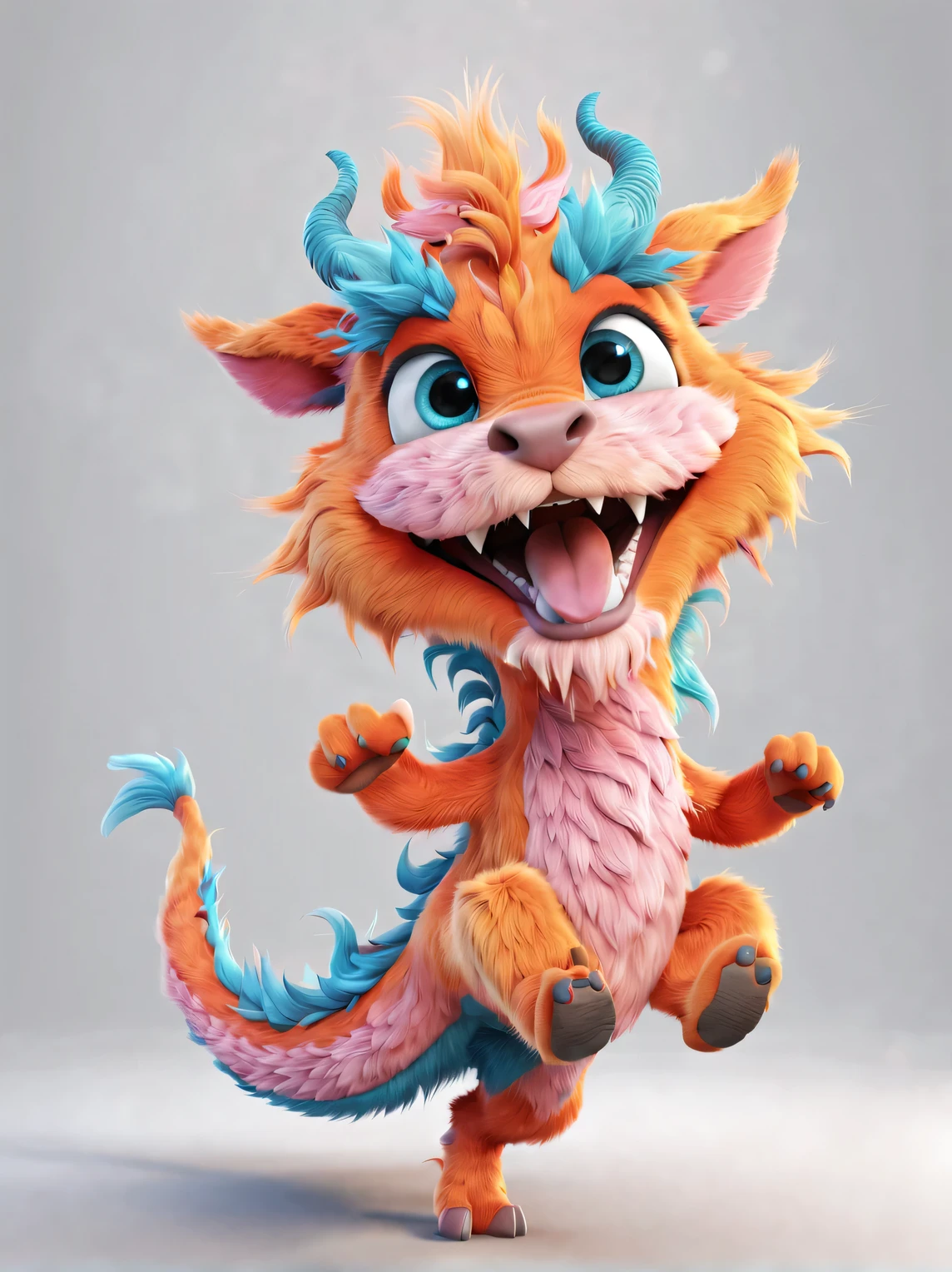3d rendering, realistic fur, role conception, The cute Chinese zodiac sign Dragon takes an exaggerated stride, dynamic action, orange fur, big blue eyes, Squint your eyes and smile mischievously (Eyes narrowed into crescent shape), Wearing scarlet clothes, range mark drawing, monochrome, brush outline, 4K, soft pink, interesting,