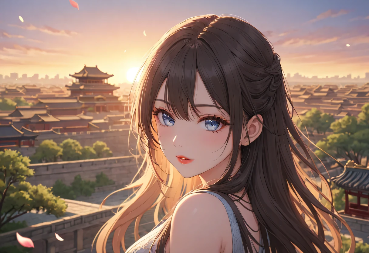 (best quality,4K,8k,high resolution,masterpiece:1.2),Super detailed,portrait,Beautiful and delicate eyes,Beautiful and delicate lips,Extremely detailed eyes and face,long eyelashes,Styling poses,ancient city houses,flowing hair,Looking at the distant skyline,the setting sun illuminates the ancient the forbidden city,Create a beautiful scenery,The wind blows the girl&#39;s hair in the ancient city,the forbidden city,Sunset,sunset,Colorful clouds,falling petals,ancient city,Bare trees,mottled,an overgrown,backlight,Contrast between light and shadow,Cinema lighting,film grain