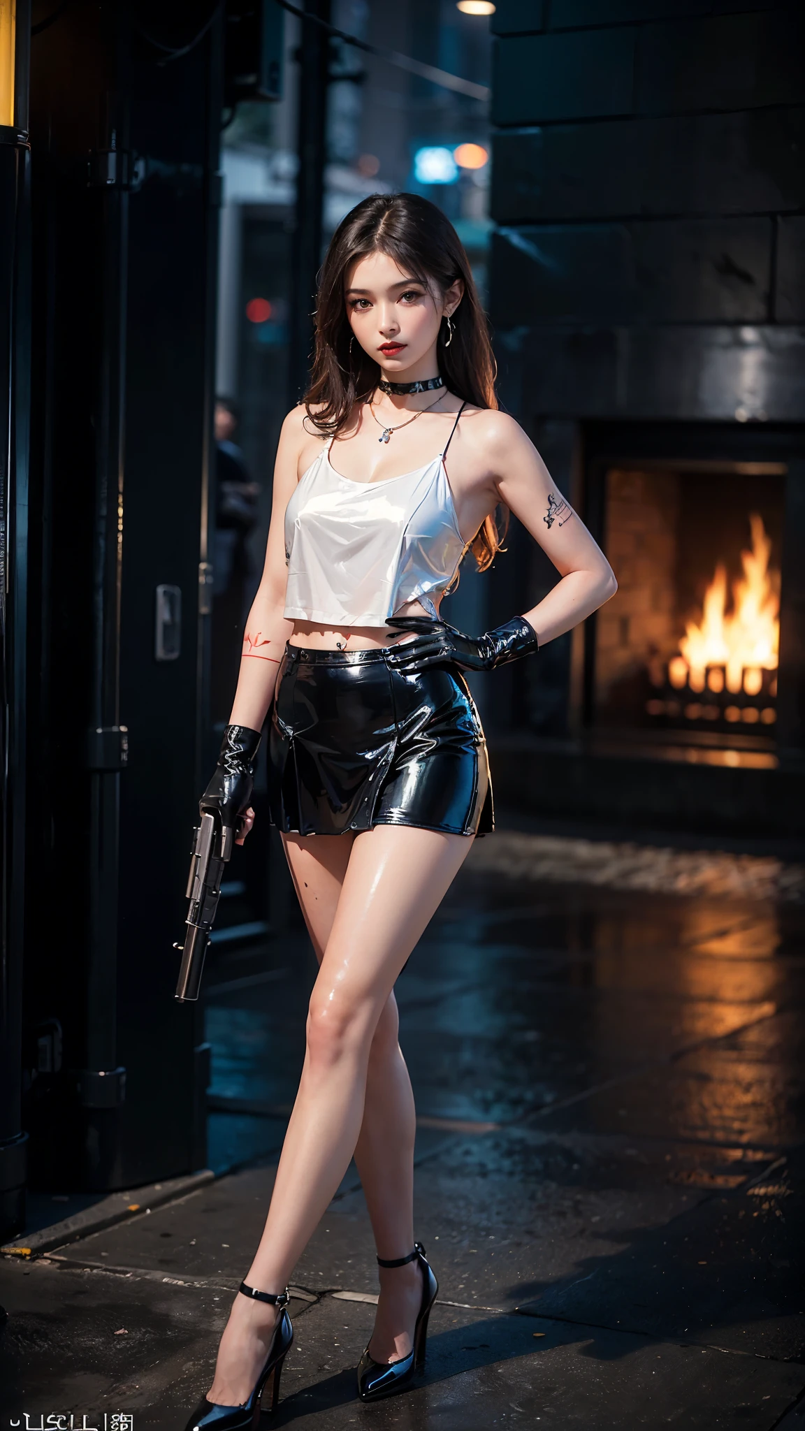 ((masterpiece:1.4)、(highest quality:1.4)、(realistic:1.7))、master piece:1.4、(Finest rendering:1.4)、(Female SWAT member of the 73rd Division of the Space Federation:1.4)、Super beautiful捜査官、(Written by Luis Royo:1.4)、(hold a gun:1.2)、Body Fit Sexy Uniform、(Luxurious shiny latex:1.4)、(Navy blue sleeveless uniform jacket)、(Underwear White Sexy Super Ultra Bikini)、(luxury red latex:1.4)、(Red pleated mini skirt:1.4)、22 years old、(cute tattoo:1.4)、(wearing white gloves)、cute girl、Super beautiful、sharp focus、portrait photography:1.4、8k、realistic photo images:1.4、(perfect female body:1.4)、perfect proportions、(Upper body photography:1.4)、beautiful face、Fearless look、beautiful eyes、narrow waist、(Beautiful girl with long legs and good style:1.4)、beautiful feet、(long hair:1.2)、beautiful breasts、big breasts:1.2、sexy butt、(Standing facing the front:1.4)、Raw photo、red lips、red high heels:1.4、choker:1.4、necklace:1.4、earrings:1.4、1 screen display、Beautiful night view of Cyberpunk City:1.2