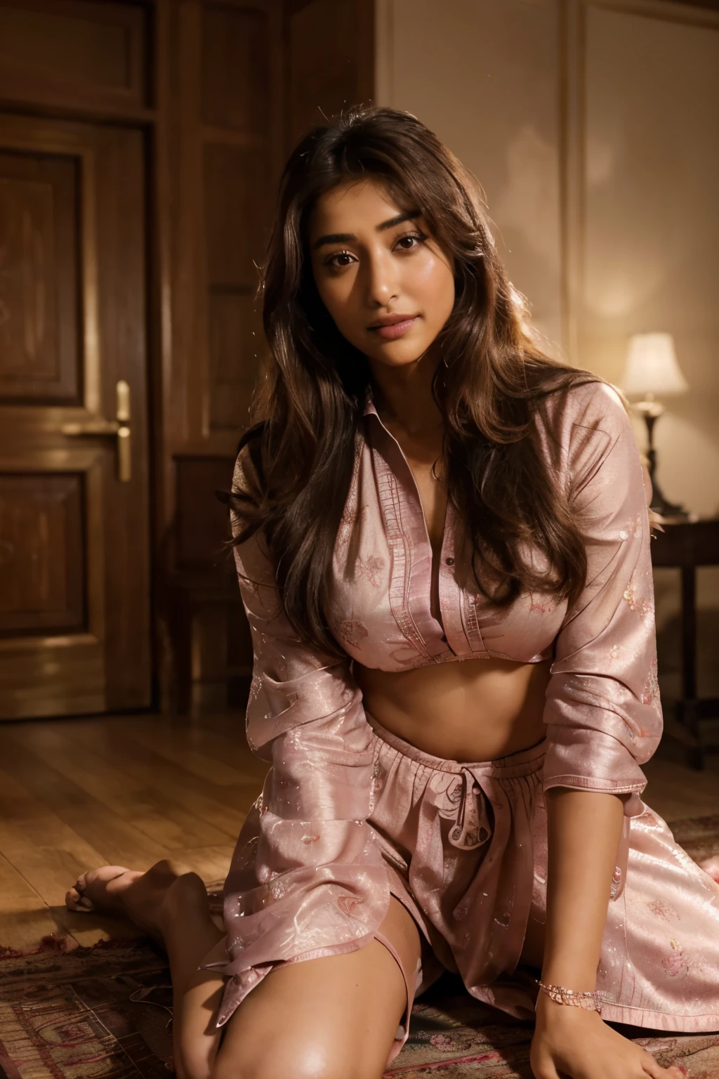 masterpiece, Best Quality, Photorealistic, Ultra-detailed, finedetail, hight resolution, 8k Wallpapers, 1 beautiful woman, face of actress pooja hegde, pink shalwar qameez, in a room, At night, light brown messy hair, Perfect dynamic composition, Beautiful detailed eyes