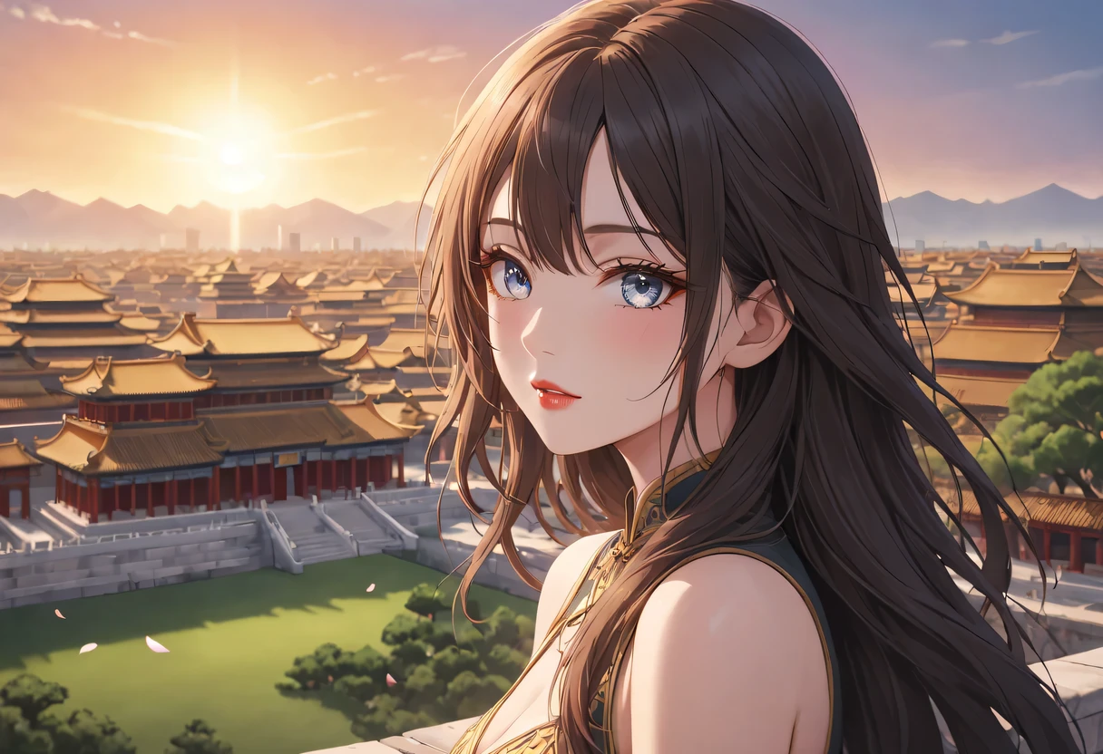 (best quality,4K,8k,high resolution,masterpiece:1.2),Super detailed,portrait,Beautiful and delicate eyes,Beautiful and delicate lips,Extremely detailed eyes and face,long eyelashes,Styling poses,ancient city houses,flowing hair,Looking at the distant skyline,the setting sun illuminates the ancient the forbidden city,Create a beautiful scenery,The wind blows the girl's hair in the ancient city,the forbidden city,Sunset,sunset,Colorful clouds,falling petals,ancient city,Bare trees,mottled,an overgrown,backlight,Contrast between light and shadow,Cinema lighting,film grain