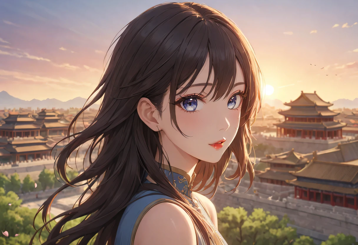 (best quality,4K,8k,high resolution,masterpiece:1.2),Super detailed,portrait,Beautiful and delicate eyes,Beautiful and delicate lips,Extremely detailed eyes and face,long eyelashes,Styling poses,ancient city houses,flowing hair,Looking at the distant skyline,the setting sun illuminates the ancient the forbidden city,Create a beautiful scenery,The wind blows the girl's hair in the ancient city,the forbidden city,Sunset,sunset,Colorful clouds,falling petals,ancient city,Bare trees,mottled,an overgrown,backlight,Contrast between light and shadow,Cinema lighting,film grain
