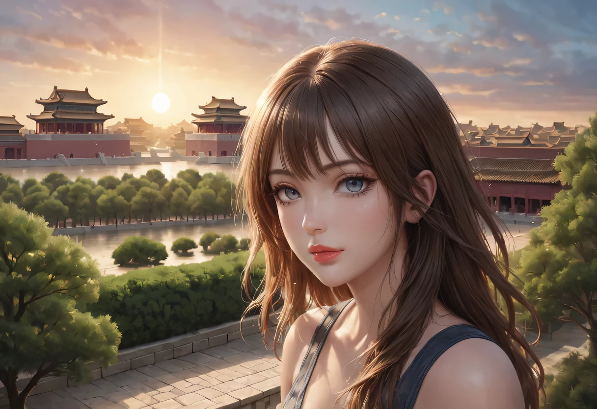 (best quality,4K,8k,high resolution,masterpiece:1.2),Super detailed,(actual,photoactual,photo-actual:1.37),portrait,Beautiful and delicate eyes,Beautiful and delicate lips,Extremely detailed eyes and face,long eyelashes,Styling poses,ancient city houses,flowing hair,Looking at the distant skyline,the setting sun illuminates the ancient the forbidden city,Create a beautiful scenery,The wind blows the girl&#39;s hair in the ancient city,the forbidden city,Sunset,sunset,Colorful clouds,falling petals,ancient city,Bare trees,mottled,an overgrown,backlight,Contrast between light and shadow,Cinema lighting,film grain