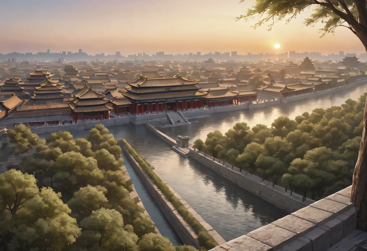 (best quality,4K,8k,high resolution,masterpiece:1.2),Super detailed,(actual,photoactual,photo-actual:1.37),portrait,Beautiful and delicate eyes,Beautiful and delicate lips,Extremely detailed eyes and face,long eyelashes,Styling poses,ancient city houses,flowing hair,Looking at the distant skyline,the setting sun illuminates the ancient the forbidden city,Create a beautiful scenery,The wind blows the girl's hair in the ancient city,the forbidden city,Sunset,sunset,Colorful clouds,falling petals,ancient city,Bare trees,mottled,an overgrown,backlight,Contrast between light and shadow,Cinema lighting,film grain