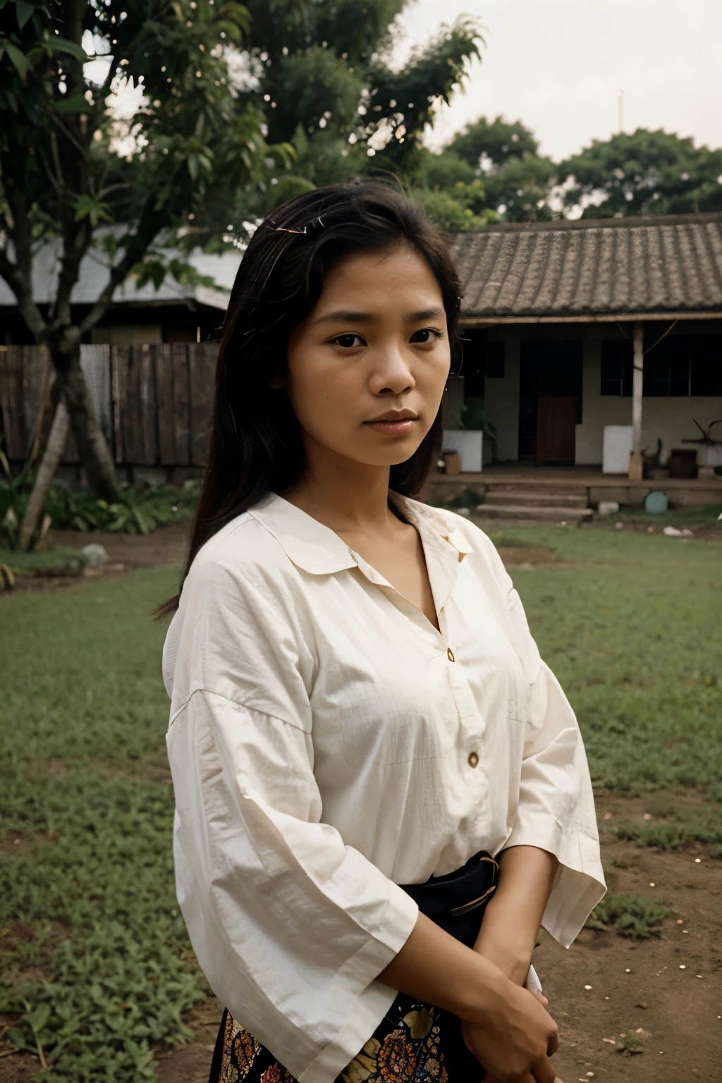 portrait of an Indonesian woman in 1990 in the yard of her house