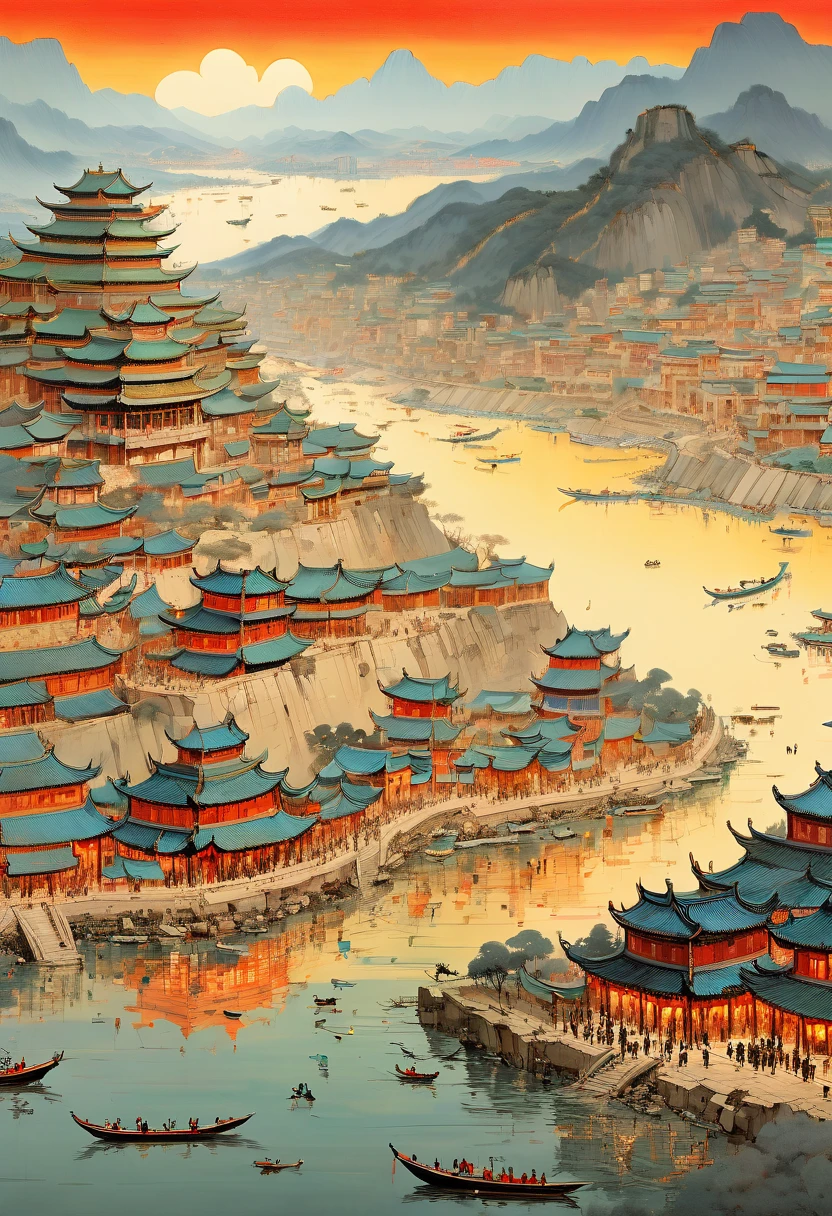 Ancient City at Sunset, by Wu Guanzhong, panoramic view, Ultra high saturation, (best quality, masterpiece, Representative work, official art, Professional, unity 8k wallpaper:1.3)