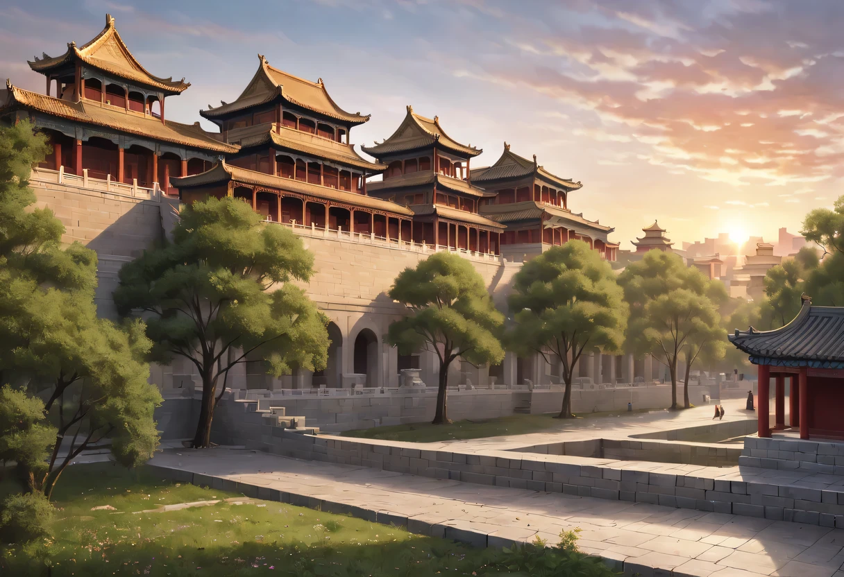 (best quality,4K,8k,high resolution,masterpiece:1.2),Super detailed,(actual,photoactual,photo-actual:1.37),portrait,Beautiful and delicate eyes,Beautiful and delicate lips,Extremely detailed eyes and face,long eyelashes,Styling poses,ancient city houses,flowing hair,Looking at the distant skyline,the setting sun illuminates the ancient the forbidden city,Create a beautiful scenery,The wind blows the girl's hair in the ancient city,the forbidden city,Sunset,sunset,Colorful clouds,falling petals,ancient city,Bare trees,mottled,an overgrown,backlight,Contrast between light and shadow,Cinema lighting,film grain