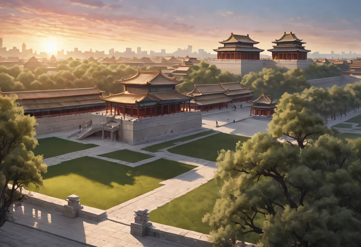 (best quality,4K,8k,high resolution,masterpiece:1.2),Super detailed,(actual,photoactual,photo-actual:1.37),portrait,Beautiful and delicate eyes,Beautiful and delicate lips,Extremely detailed eyes and face,long eyelashes,Styling poses,ancient city houses,flowing hair,Looking at the distant skyline,the setting sun illuminates the ancient the forbidden city,Create a beautiful scenery,The wind blows the girl's hair in the ancient city,the forbidden city,Sunset,sunset,Colorful clouds,falling petals,ancient city,Bare trees,mottled,an overgrown,backlight,Contrast between light and shadow,Cinema lighting,film grain