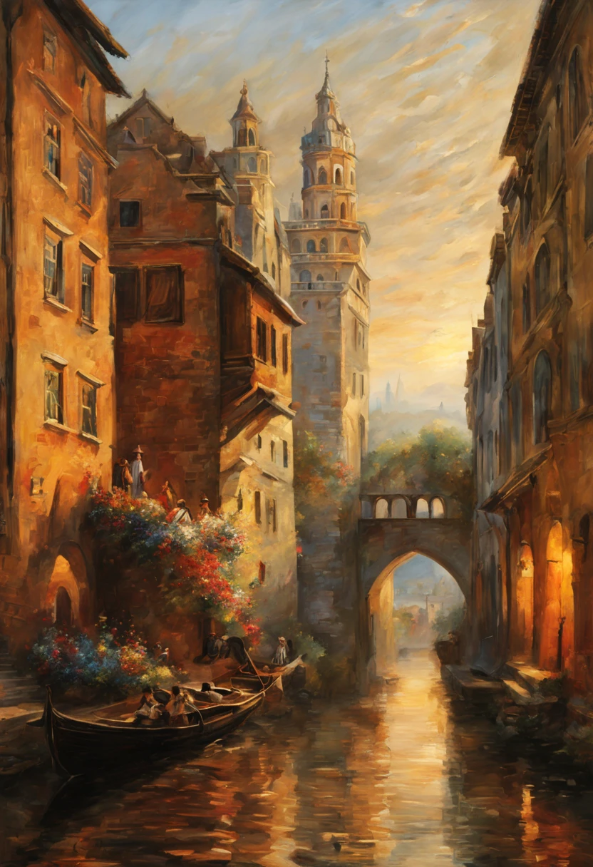 (best quality,4k,8k,highres,masterpiece:1.2),ultra-detailed,(realistic,photorealistic,photo-realistic:1.37),medieval city,sunset,glowing warm hues,ancient stone buildings,impressive architecture,gothic cathedrals,narrow cobblestone streets,medieval towers,people strolling in the streets,vibrant market stalls,bustling atmosphere,horse-drawn carriages,flamboyantly dressed nobles,peasants in simple attire,candlelit windows,shadows dancing on the walls,hint of mist in the air,peaceful river flowing through the city,reflection of the sunset on the water,romantic ambiance,serene gardens with blooming flowers,tall city walls,watchtowers overlooking the horizon,peaceful and calm atmosphere,artists capturing the city's beauty on canvas,soft sunlight illuminating the buildings,softly fading light,tranquil and mesmerizing scenery,tranquility juxtaposed with the lively city,the passage of time captured in the city's antique charm.