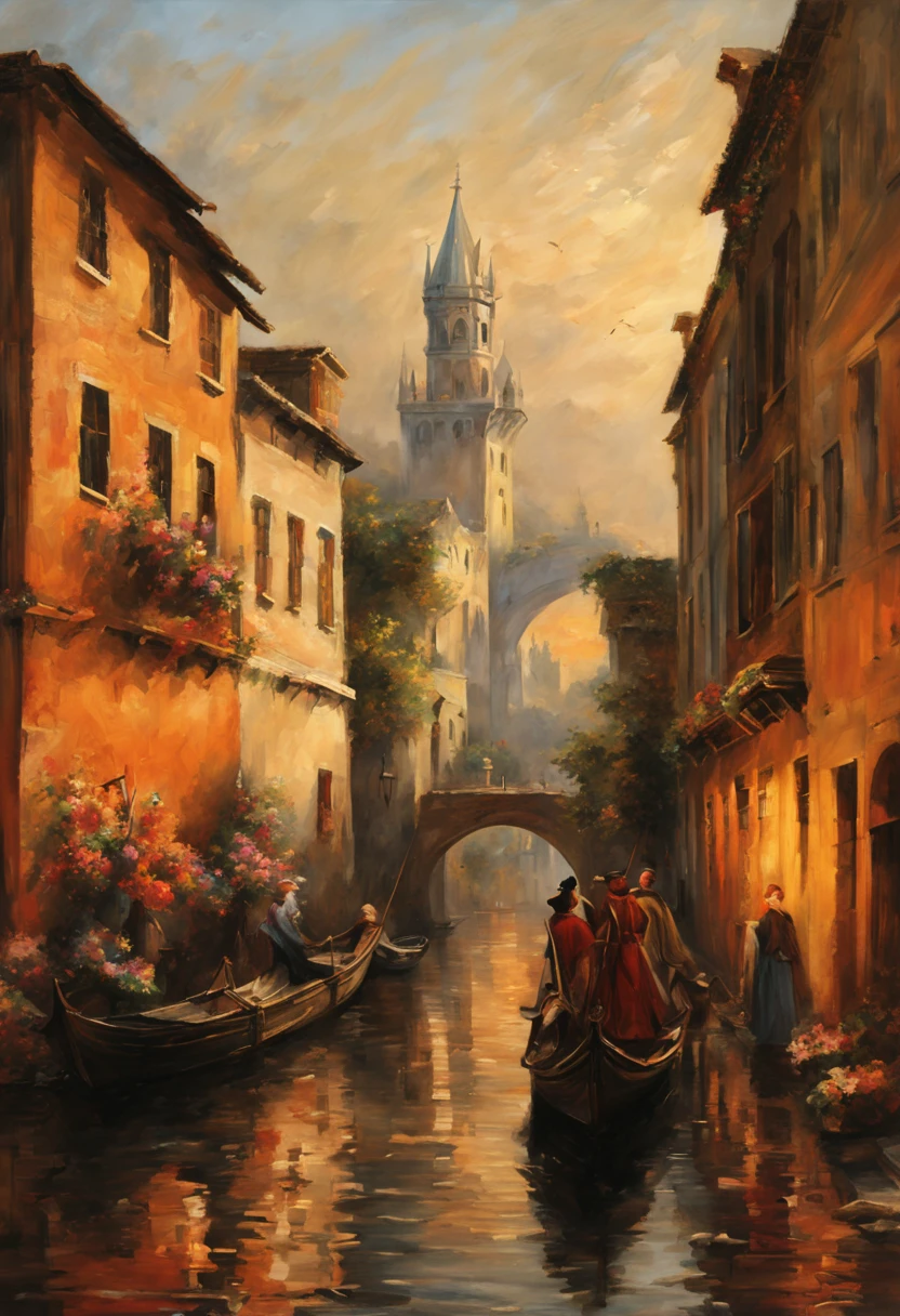 (best quality,4k,8k,highres,masterpiece:1.2),ultra-detailed,(realistic,photorealistic,photo-realistic:1.37),medieval city,sunset,glowing warm hues,ancient stone buildings,impressive architecture,gothic cathedrals,narrow cobblestone streets,medieval towers,people strolling in the streets,vibrant market stalls,bustling atmosphere,horse-drawn carriages,flamboyantly dressed nobles,peasants in simple attire,candlelit windows,shadows dancing on the walls,hint of mist in the air,peaceful river flowing through the city,reflection of the sunset on the water,romantic ambiance,serene gardens with blooming flowers,tall city walls,watchtowers overlooking the horizon,peaceful and calm atmosphere,artists capturing the city's beauty on canvas,soft sunlight illuminating the buildings,softly fading light,tranquil and mesmerizing scenery,tranquility juxtaposed with the lively city,the passage of time captured in the city's antique charm.