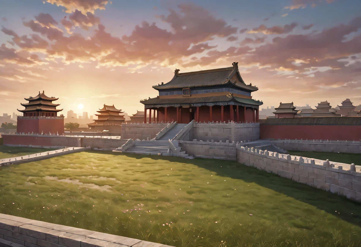 (best quality,4K,8k,high resolution,masterpiece:1.2),Super detailed,(actual,photoactual,photo-actual:1.37),portrait,Beautiful and delicate eyes,Beautiful and delicate lips,Extremely detailed eyes and face,long eyelashes,Styling poses,ancient city houses,flowing hair,Looking at the distant skyline,the setting sun illuminates the ancient the forbidden city,Create a beautiful scenery,The wind blows the girl&#39;s hair in the ancient city,the forbidden city,Sunset,sunset,Colorful clouds,falling petals,ancient city,Bare trees,mottled,an overgrown,quiet and desolate,contour,backlight,Contrast between light and shadow,Cinema lighting,film grain