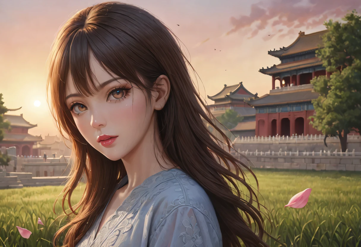 (best quality,4K,8k,high resolution,masterpiece:1.2),Super detailed,(actual,photoactual,photo-actual:1.37),portrait,Beautiful and delicate eyes,Beautiful and delicate lips,Extremely detailed eyes and face,long eyelashes,Styling poses,ancient city houses,flowing hair,Looking at the distant skyline,the setting sun illuminates the ancient the forbidden city,Create a beautiful scenery,The wind blows the girl&#39;s hair in the ancient city,the forbidden city,Sunset,sunset,Colorful clouds,falling petals,ancient city,Bare trees,mottled,an overgrown,quiet and desolate,contour,backlight,Contrast between light and shadow,haze,Cinema lighting,film grain