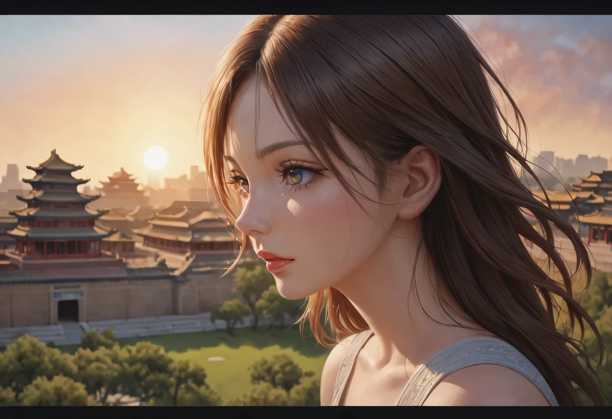 (best quality,4K,8k,high resolution,masterpiece:1.2),Super detailed,(actual,photoactual,photo-actual:1.37),portrait,Beautiful and delicate eyes,Beautiful and delicate lips,Extremely detailed eyes and face,long eyelashes,Styling poses,ancient city houses,flowing hair,Looking at the distant skyline,the setting sun illuminates the ancient the forbidden city,Create a beautiful scenery,The wind blows the girl&#39;s hair in the ancient city,the forbidden city,Sunset,sunset,Colorful clouds,falling petals,ancient city,Bare trees,mottled,an overgrown,quiet and desolate,contour,backlight,Contrast between light and shadow,haze,Cinema lighting,film grain