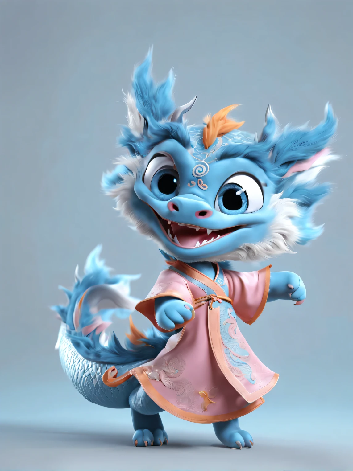 3d rendering, realistic fur, role conception, The cute Chinese zodiac sign Dragon takes an exaggerated stride, dynamic action, orange fur, big blue eyes, Squint your eyes and smile mischievously (Eyes narrowed into crescent shape), Wearing scarlet clothes, range mark drawing, monochrome, Ballpoint pen outline, 4K, soft pink, interesting,