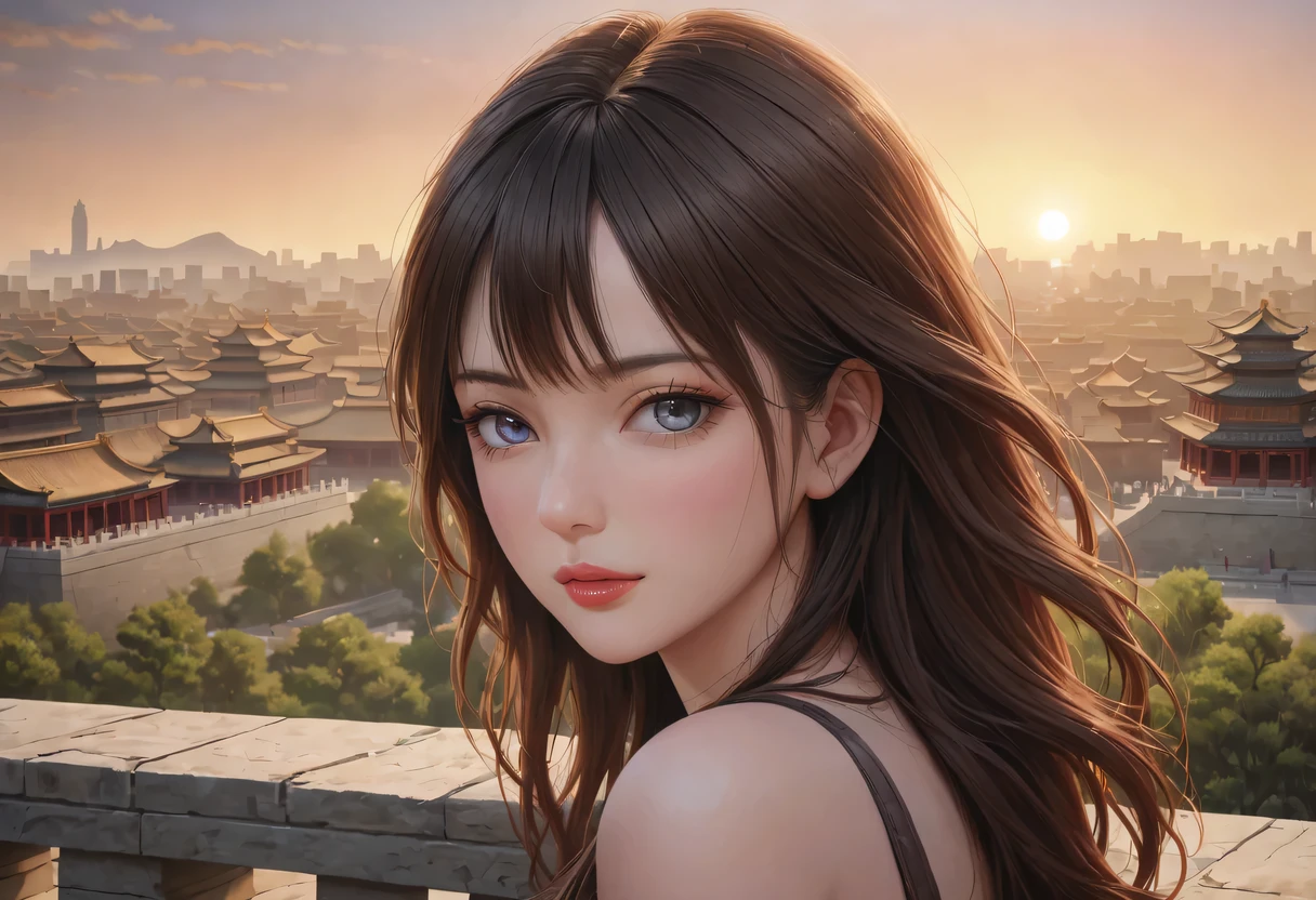 (best quality,4K,8k,high resolution,masterpiece:1.2),Super detailed,(actual,photoactual,photo-actual:1.37),portrait,Beautiful and delicate eyes,Beautiful and delicate lips,Extremely detailed eyes and face,long eyelashes,Styling poses,ancient city houses,flowing hair,Looking at the distant skyline,the setting sun illuminates the ancient the forbidden city,Create a beautiful scenery,The wind blows the girl's hair in the ancient city,the forbidden city,Sunset,sunset,Colorful clouds,falling petals,ancient city,Bare trees,mottled,an overgrown,quiet and desolate,contour,backlight,Contrast between light and shadow,haze,Cinema lighting,film grain