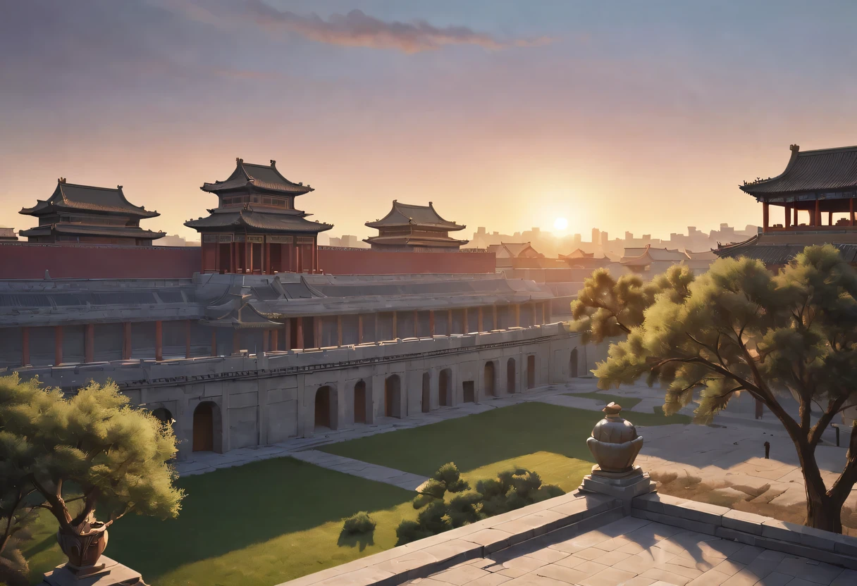 (best quality,4K,8k,high resolution,masterpiece:1.2),Super detailed,(actual,photoactual,photo-actual:1.37),portrait,Beautiful and delicate eyes,Beautiful and delicate lips,Extremely detailed eyes and face,long eyelashes,Styling poses,ancient city houses,flowing hair,Looking at the distant skyline,the setting sun illuminates the ancient the forbidden city,Create a beautiful scenery,The wind blows the girl's hair in the ancient city,the forbidden city,Sunset,sunset,Colorful clouds,falling petals,ancient city,Bare trees,mottled,an overgrown,quiet and desolate,contour,backlight,Contrast between light and shadow,haze,Cinema lighting,film grain