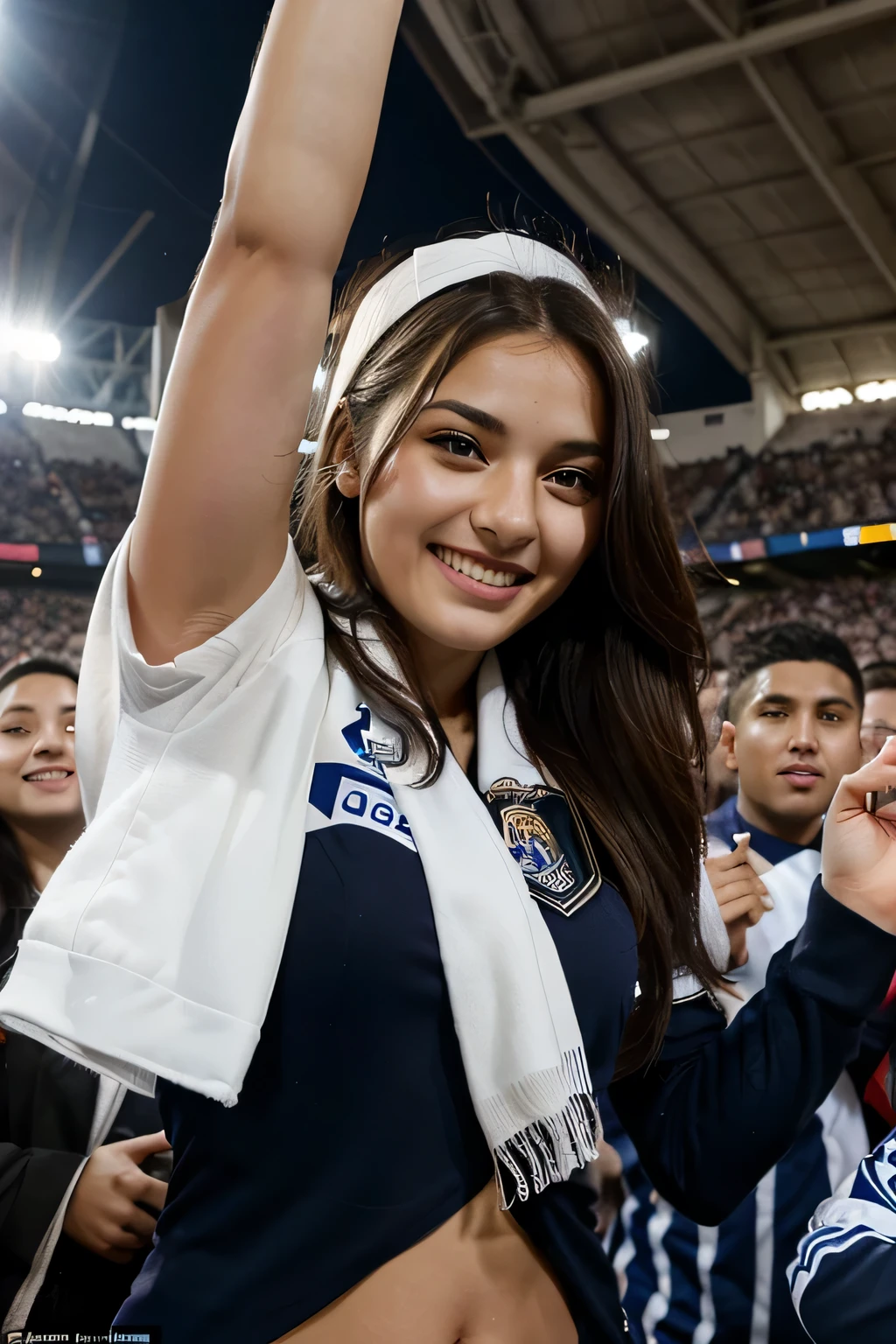 beautiful girl fan,uniform Real Madrid,stadium,boy friend,excited expressions,cheering,club logo,fans waving scarves,crowded stands,celebrations,energetic atmosphere,