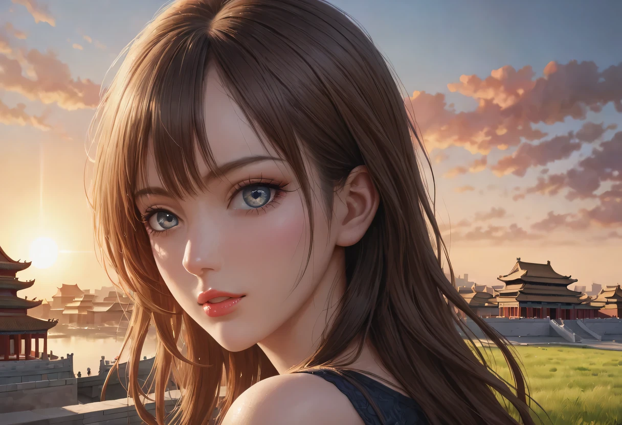 (best quality,4K,8k,high resolution,masterpiece:1.2),Super detailed,(actual,photoactual,photo-actual:1.37),portrait,Beautiful and delicate eyes,Beautiful and delicate lips,Extremely detailed eyes and face,long eyelashes,Styling poses,ancient city houses,flowing hair,Looking at the distant skyline,the setting sun illuminates the ancient the forbidden city,Create a beautiful scenery,The wind blows the girl&#39;s hair in the ancient city,the forbidden city,Sunset,sunset,Colorful clouds,falling petals,ancient city,Bare trees,mottled,an overgrown,quiet and desolate,contour,backlight,Contrast between light and shadow,haze,Cinema lighting,film grain