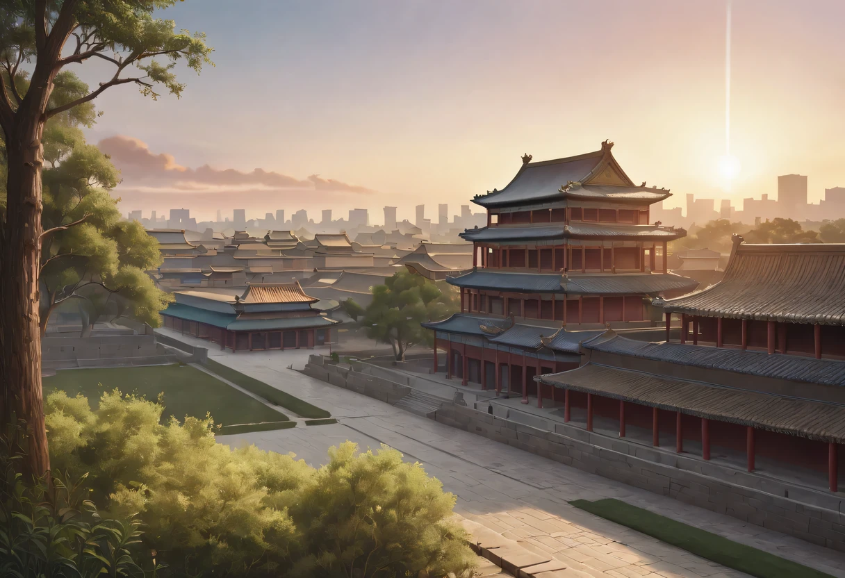 (best quality,4K,8k,high resolution,masterpiece:1.2),Super detailed,(actual,photoactual,photo-actual:1.37),portrait,Beautiful and delicate eyes,Beautiful and delicate lips,Extremely detailed eyes and face,long eyelashes,Styling poses,ancient city houses,flowing hair,Looking at the distant skyline,the setting sun illuminates the ancient the forbidden city,Create a beautiful scenery,The wind blows the girl's hair in the ancient city,the forbidden city,Sunset,sunset,Colorful clouds,falling petals,ancient city,Bare trees,mottled,an overgrown,quiet and desolate,contour,backlight,Contrast between light and shadow,haze,Cinema lighting,film grain