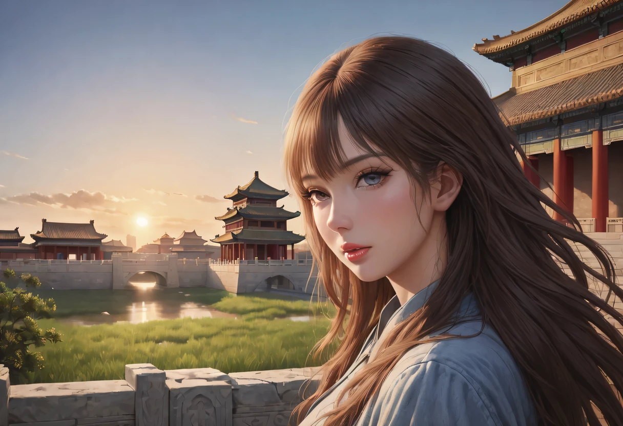 (best quality,4K,8k,high resolution,masterpiece:1.2),Super detailed,(actual,photoactual,photo-actual:1.37),portrait,Beautiful and delicate eyes,Beautiful and delicate lips,Extremely detailed eyes and face,long eyelashes,Styling poses,ancient city houses,flowing hair,Looking at the distant skyline,the setting sun illuminates the ancient the forbidden city,Create a beautiful scenery,The wind blows the girl's hair in the ancient city,the forbidden city,Sunset,sunset,Colorful clouds,falling petals,ancient city,Bare trees,mottled,an overgrown,quiet and desolate,contour,backlight,Contrast between light and shadow,haze,Cinema lighting,film grain
