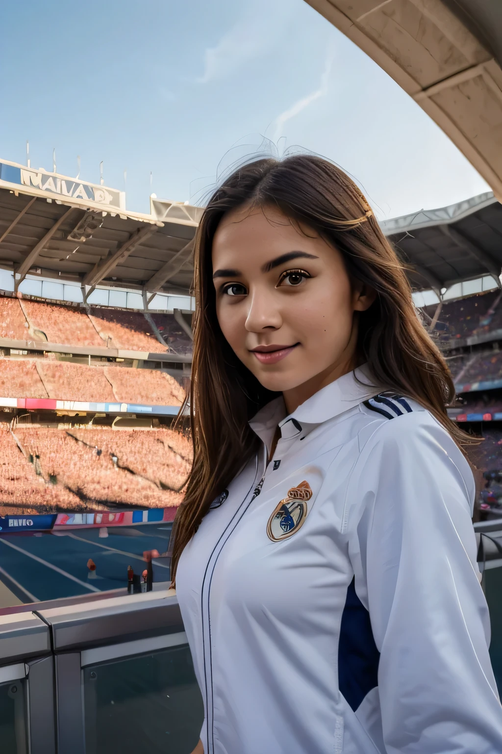 (best quality,highres:1.2),ultra-detailed,realistic,portrait,photorealistic:1.37,beautiful girl fan,excited expressions,cheering,uniform Real Madrid,stadium, on stadium have F-22 raptor fighter fly