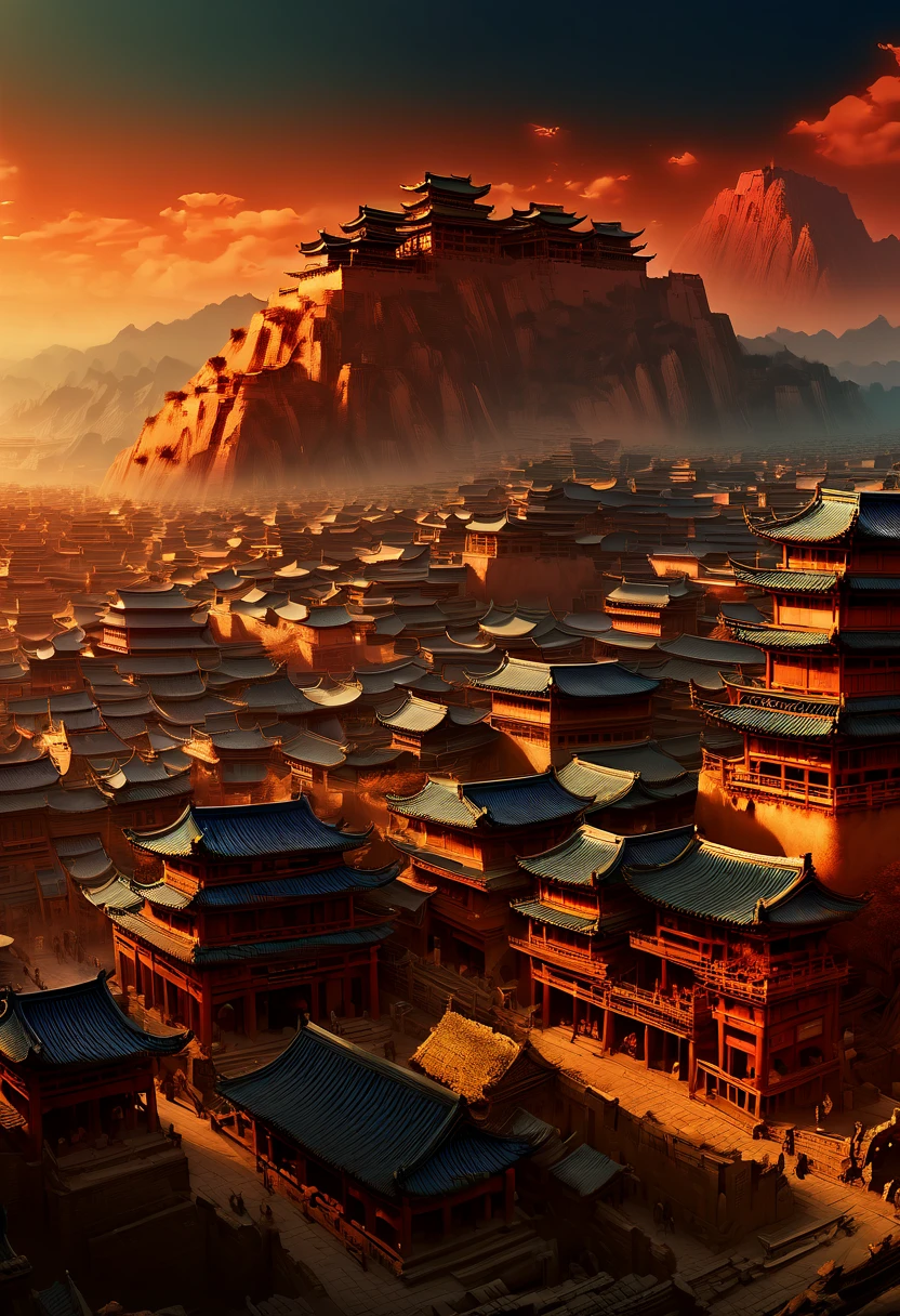 Ancient City at Sunset, by Wu Guanzhong, panoramic view, Ultra high saturation, (best quality, masterpiece, Representative work, official art, Professional, unity 8k wallpaper:1.3)