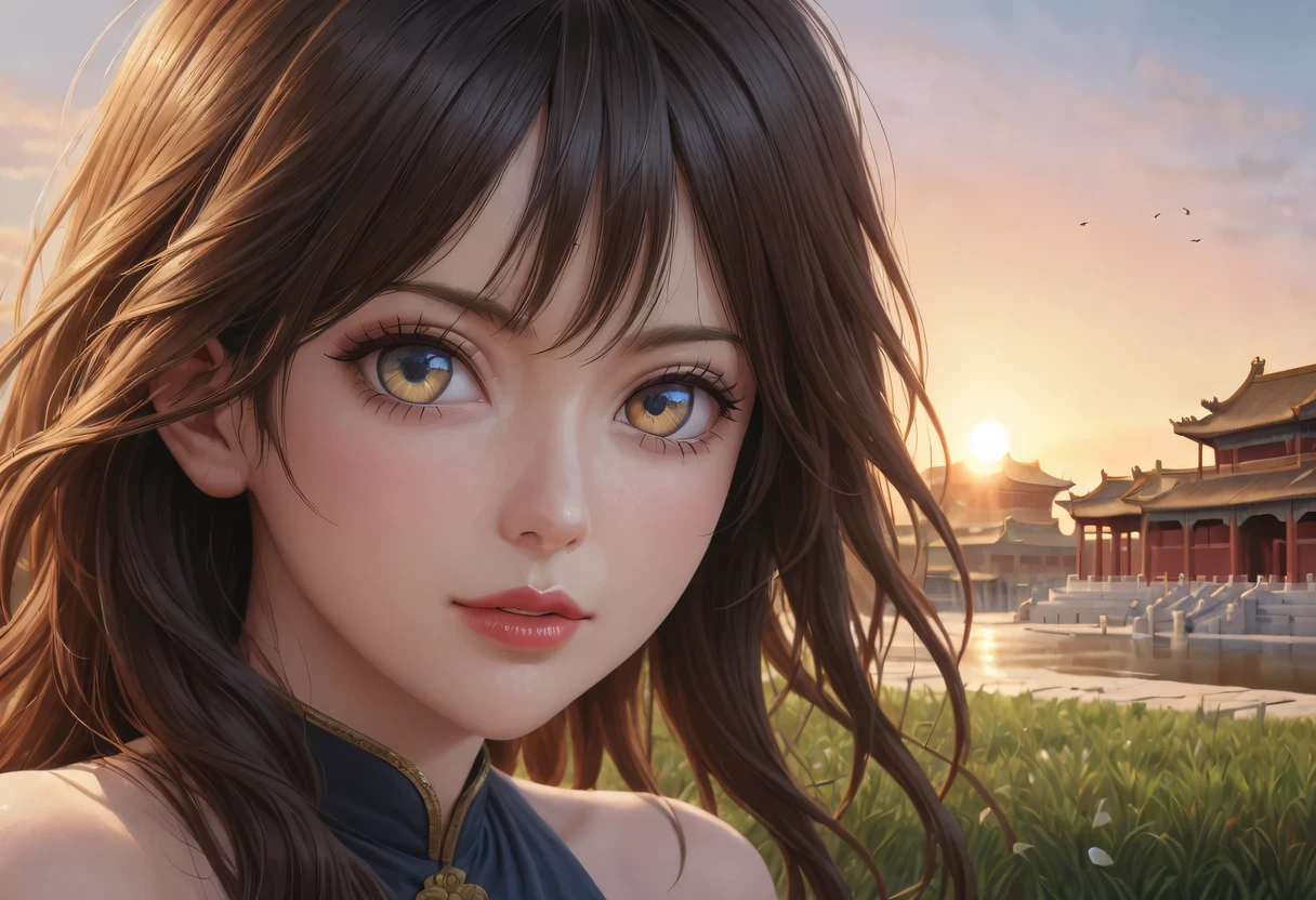 (best quality,4K,8k,high resolution,masterpiece:1.2),Super detailed,(actual,photoactual,photo-actual:1.37),portrait,Beautiful and delicate eyes,Beautiful and delicate lips,Extremely detailed eyes and face,long eyelashes,Styling poses,ancient city houses,flowing hair,Looking at the distant skyline,the setting sun illuminates the ancient the forbidden city,Create a beautiful scenery,The wind blows the girl's hair in the ancient city,the forbidden city,Sunset,sunset,Colorful clouds,falling petals,ancient city,Bare trees,mottled,an overgrown,quiet and desolate,contour,backlight,Contrast between light and shadow,haze,Cinema lighting,film grain