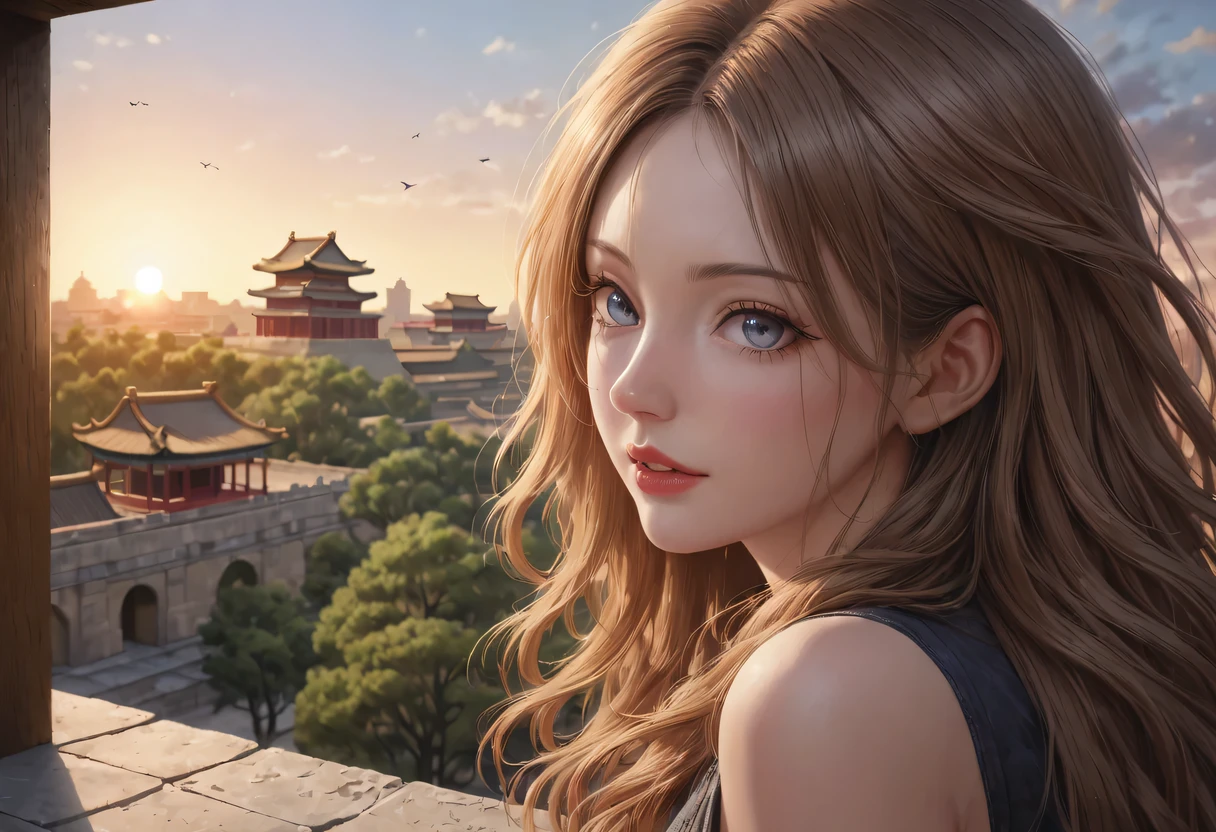 (best quality,4K,8k,high resolution,masterpiece:1.2),Super detailed,(actual,photoactual,photo-actual:1.37),portrait,Beautiful and delicate eyes,Beautiful and delicate lips,Extremely detailed eyes and face,long eyelashes,Styling poses,ancient city houses,flowing hair,Looking at the distant skyline,the setting sun illuminates the ancient the forbidden city,Create a beautiful scenery,The wind blows the girl's hair in the ancient city,the forbidden city,Sunset,sunset,Colorful clouds,falling petals,ancient city,Bare trees,mottled,an overgrown,quiet and desolate,contour,backlight,Contrast between light and shadow,haze,Cinema lighting,film grain