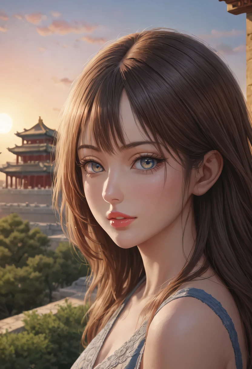 (best quality,4K,8k,high resolution,masterpiece:1.2),Super detailed,(actual,photoactual,photo-actual:1.37),portrait,Beautiful and delicate eyes,Beautiful and delicate lips,Extremely detailed eyes and face,long eyelashes,Styling poses,ancient city houses,flowing hair,Looking at the distant skyline,the setting sun illuminates the ancient the forbidden city,Create a beautiful scenery,The wind blows the girl&#39;s hair in the ancient city,the forbidden city,Sunset,sunset,Colorful clouds,falling petals,ancient city,Bare trees,mottled,an overgrown,quiet and desolate,contour,backlight,Contrast between light and shadow,haze,Cinema lighting,film grain