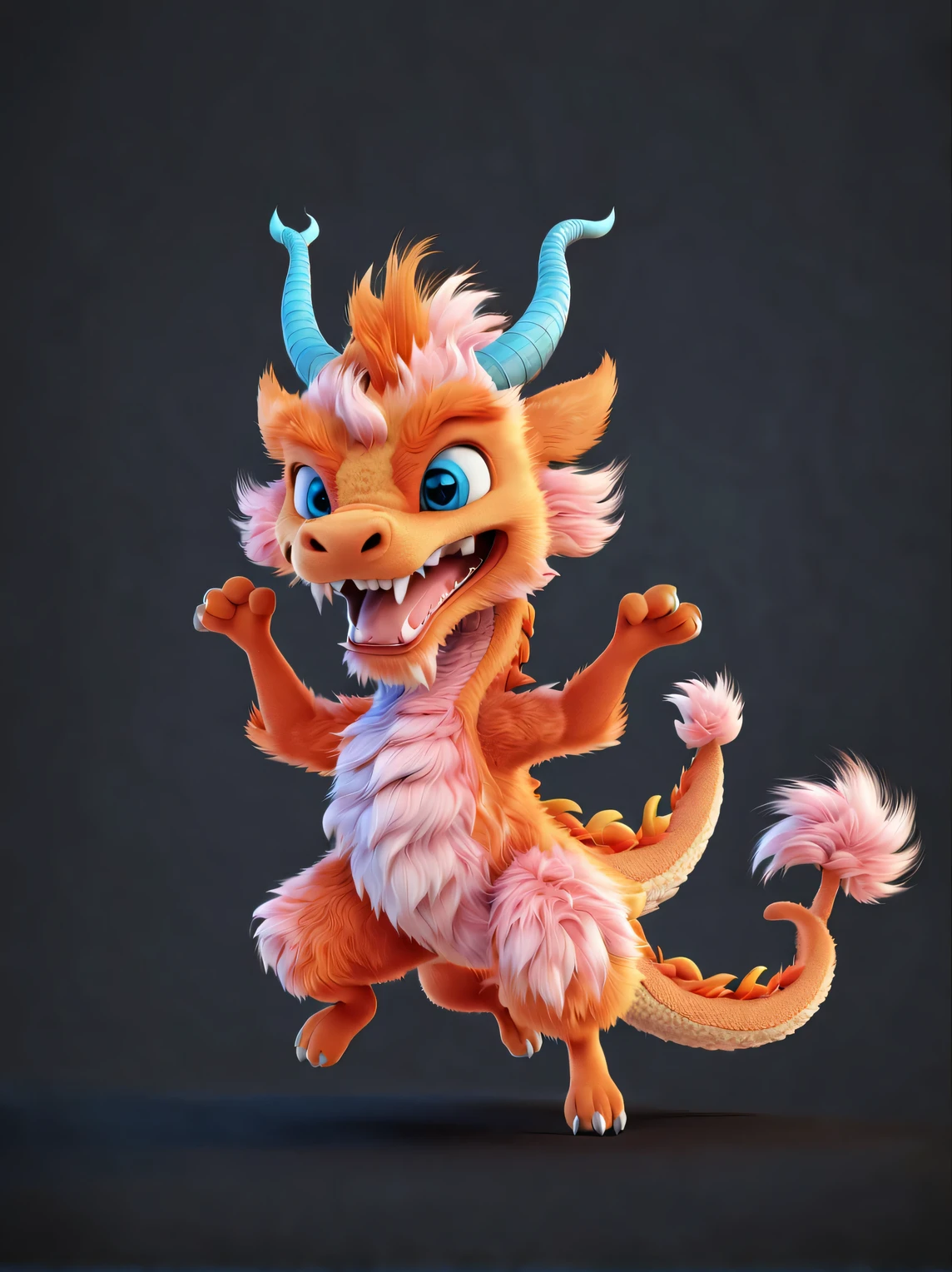 3d rendering, realistic fur, character idea, The cute zodiac dragon takes exaggerated steps, dynamic action, orange fur, big blue eyes, Narrow your eyes and smile mischievously (Eyes narrowed into crescent shapes), wearing scarlet clothes, range mark plot, monochrome, brush outline, 4K, soft pink, interesting,