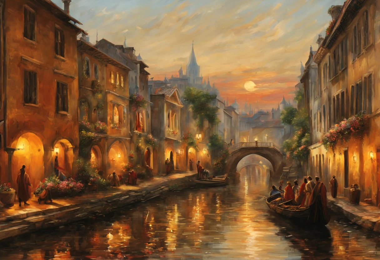 (best quality,4k,8k,highres,masterpiece:1.2),ultra-detailed,(realistic,photorealistic,photo-realistic:1.37),medieval city,sunset,glowing warm hues,ancient stone buildings,impressive architecture,gothic cathedrals,narrow cobblestone streets,medieval towers,people strolling in the streets,vibrant market stalls,bustling atmosphere,horse-drawn carriages,flamboyantly dressed nobles,peasants in simple attire,candlelit windows,shadows dancing on the walls,hint of mist in the air,peaceful river flowing through the city,reflection of the sunset on the water,romantic ambiance,serene gardens with blooming flowers,tall city walls,watchtowers overlooking the horizon,peaceful and calm atmosphere,artists capturing the city's beauty on canvas,soft sunlight illuminating the buildings,softly fading light,tranquil and mesmerizing scenery,tranquility juxtaposed with the lively city,the passage of time captured in the city's antique charm.