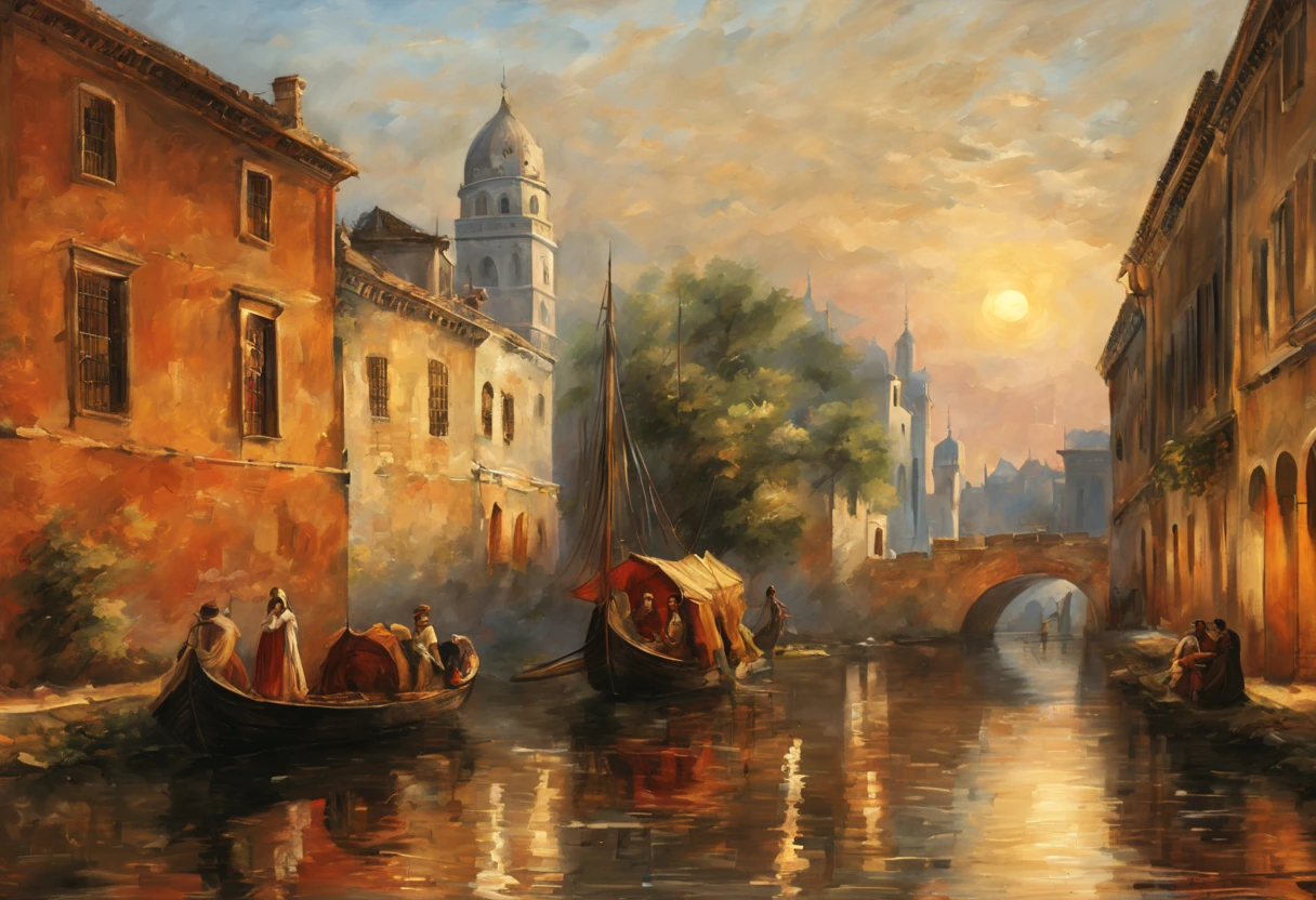 (best quality,4k,8k,highres,masterpiece:1.2),ultra-detailed,(realistic,photorealistic,photo-realistic:1.37),medieval city,sunset,glowing warm hues,ancient stone buildings,impressive architecture,gothic cathedrals,narrow cobblestone streets,medieval towers,people strolling in the streets,vibrant market stalls,bustling atmosphere,horse-drawn carriages,flamboyantly dressed nobles,peasants in simple attire,candlelit windows,shadows dancing on the walls,hint of mist in the air,peaceful river flowing through the city,reflection of the sunset on the water,romantic ambiance,serene gardens with blooming flowers,tall city walls,watchtowers overlooking the horizon,peaceful and calm atmosphere,artists capturing the city's beauty on canvas,soft sunlight illuminating the buildings,softly fading light,tranquil and mesmerizing scenery,tranquility juxtaposed with the lively city,the passage of time captured in the city's antique charm.