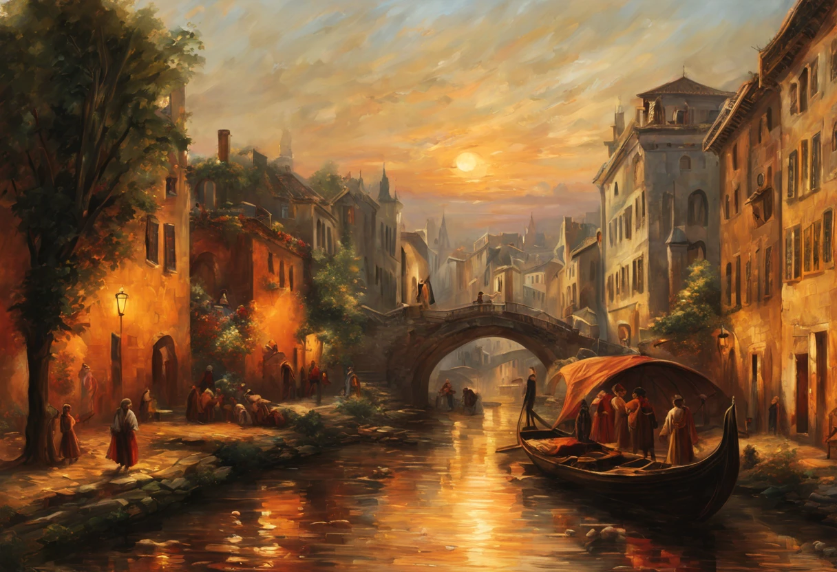 (best quality,4k,8k,highres,masterpiece:1.2),ultra-detailed,(realistic,photorealistic,photo-realistic:1.37),medieval city,sunset,glowing warm hues,ancient stone buildings,impressive architecture,gothic cathedrals,narrow cobblestone streets,medieval towers,people strolling in the streets,vibrant market stalls,bustling atmosphere,horse-drawn carriages,flamboyantly dressed nobles,peasants in simple attire,candlelit windows,shadows dancing on the walls,hint of mist in the air,peaceful river flowing through the city,reflection of the sunset on the water,romantic ambiance,serene gardens with blooming flowers,tall city walls,watchtowers overlooking the horizon,peaceful and calm atmosphere,artists capturing the city's beauty on canvas,soft sunlight illuminating the buildings,softly fading light,tranquil and mesmerizing scenery,tranquility juxtaposed with the lively city,the passage of time captured in the city's antique charm.