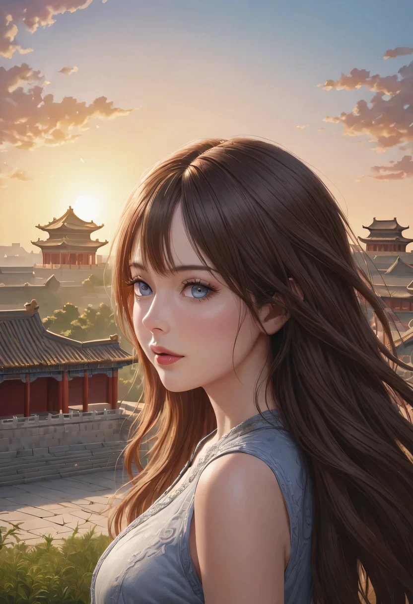 (best quality,4K,8k,high resolution,masterpiece:1.2),Super detailed,(actual,photoactual,photo-actual:1.37),portrait,Beautiful and delicate eyes,Beautiful and delicate lips,Extremely detailed eyes and face,long eyelashes,Styling poses,ancient city houses,flowing hair,Looking at the distant skyline,the setting sun illuminates the ancient the forbidden city,Create a beautiful scenery,The wind blows the girl&#39;s hair in the ancient city,the forbidden city,Sunset,sunset,Colorful clouds,falling petals,ancient city,Bare trees,mottled,an overgrown,quiet and desolate,contour,backlight,Contrast between light and shadow,haze,Cinema lighting,film grain