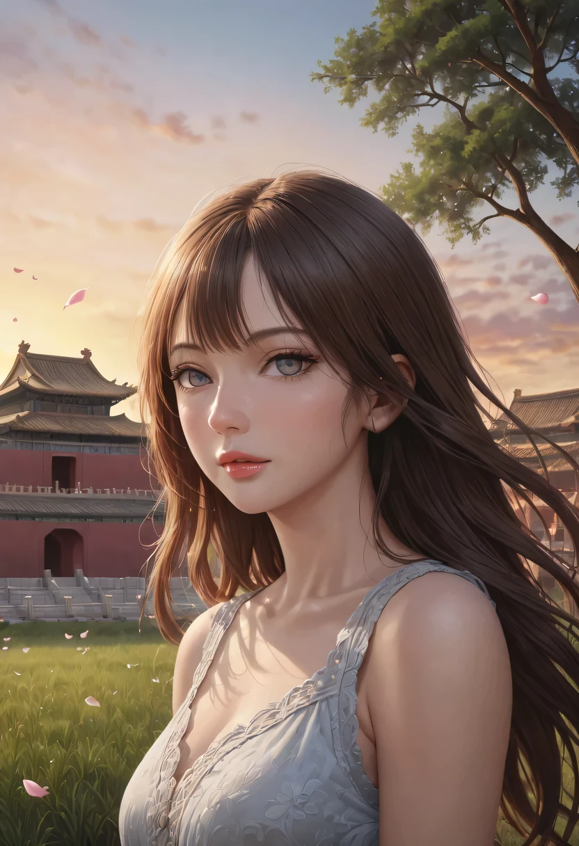 (best quality,4K,8k,high resolution,masterpiece:1.2),Super detailed,(actual,photoactual,photo-actual:1.37),portrait,Beautiful and delicate eyes,Beautiful and delicate lips,Extremely detailed eyes and face,long eyelashes,Styling poses,ancient city houses,flowing hair,Looking at the distant skyline,the setting sun illuminates the ancient the forbidden city,Create a beautiful scenery,The wind blows the girl&#39;s hair in the ancient city,the forbidden city,Sunset,sunset,Colorful clouds,falling petals,ancient city,Bare trees,mottled,an overgrown,quiet and desolate,contour,backlight,Contrast between light and shadow,haze,Cinema lighting,film grain