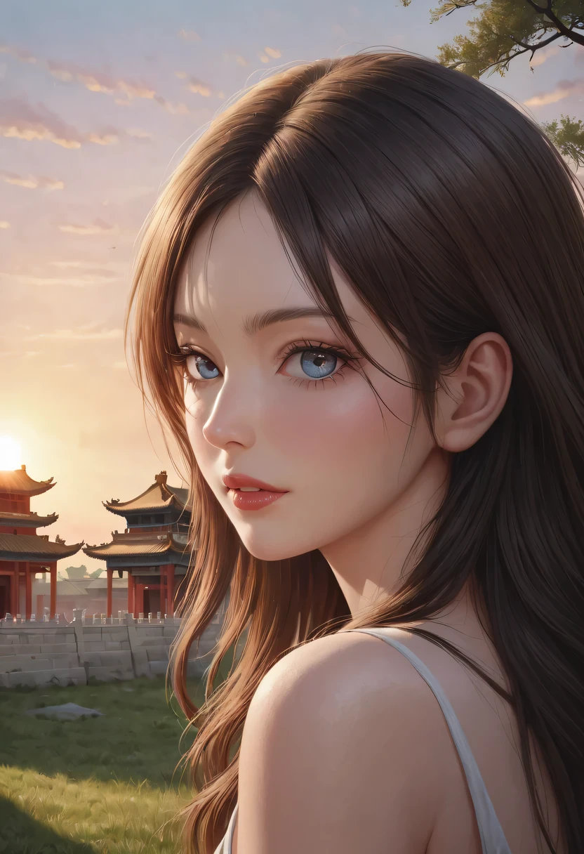 (best quality,4K,8k,high resolution,masterpiece:1.2),Super detailed,(actual,photoactual,photo-actual:1.37),portrait,Beautiful and delicate eyes,Beautiful and delicate lips,Extremely detailed eyes and face,long eyelashes,Styling poses,ancient city houses,flowing hair,Looking at the distant skyline,the setting sun illuminates the ancient the forbidden city,Create a beautiful scenery,The wind blows the girl's hair in the ancient city,the forbidden city,Sunset,sunset,Colorful clouds,falling petals,ancient city,Bare trees,mottled,an overgrown,quiet and desolate,contour,backlight,Contrast between light and shadow,haze,Cinema lighting,film grain