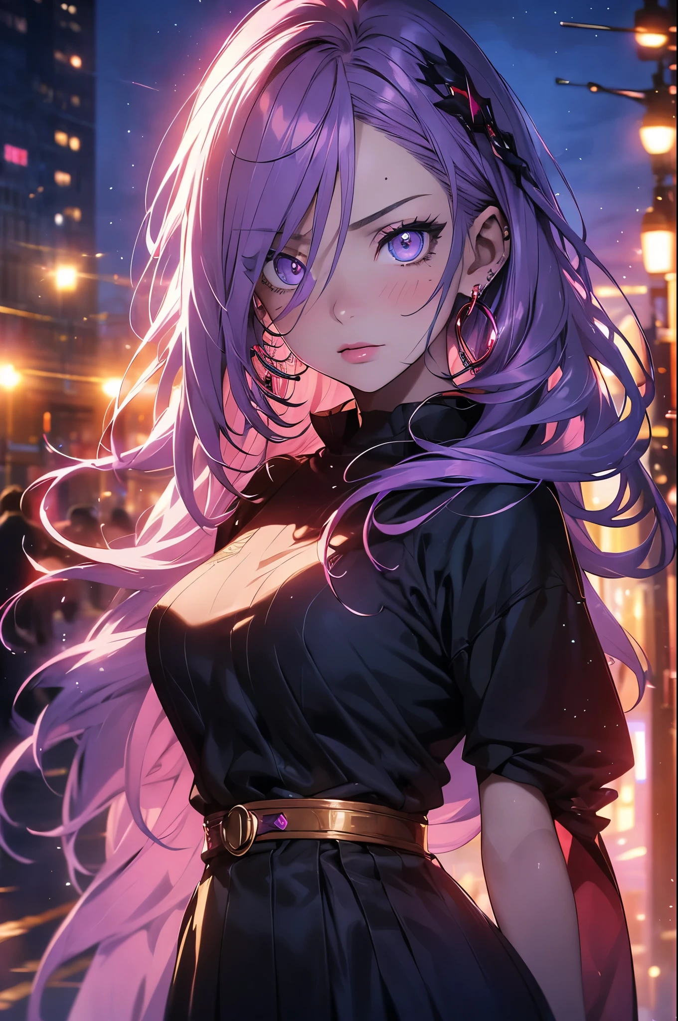 anime style, movieポートレート写真, 1 female, 22 years ago, Full body Esbian,Blue eyes background, big and full breasts, anger, (scarlet colored hair), long hair, purple eyes, wearing a short black dress, (natural skin texture vivid details, surreal, (realistic detailed eyes, natural skin texture, realistic facial details), soft and dramatic lighting, written boundary depth, Bokeh, vivid details, surreal, 35mm movie, hazy blur, movie,lipstick, ear piercing, eye shadow, hoop earrings, Red-pink lips, multicolo red eyes, purple theme,,Wear a rainbow-colored aura,beautiful eyes