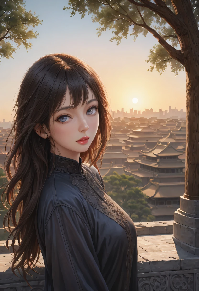 (best quality,4K,8k,high resolution,masterpiece:1.2),Super detailed,(actual,photoactual,photo-actual:1.37),portrait,Beautiful and delicate eyes,Beautiful and delicate lips,Extremely detailed eyes and face,long eyelashes,Styling poses,ancient city houses,flowing hair,Looking at the distant skyline,the setting sun illuminates the ancient the forbidden city,Create a beautiful scenery,The wind blows the girl&#39;s hair in the ancient city,the forbidden city,Sunset,sunset,Colorful clouds,falling petals,ancient city,Bare trees,mottled,an overgrown,quiet and desolate,contour,backlight,Contrast between light and shadow,haze,Cinema lighting,film grain