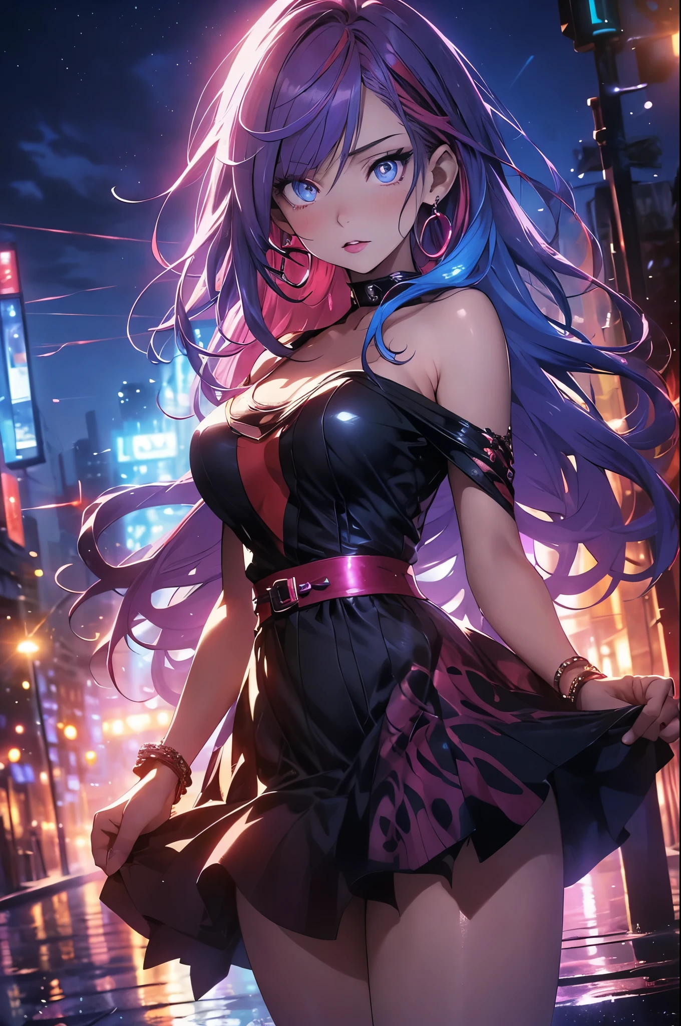 anime style, movieポートレート写真, 1 female, 22 years ago, Full body Esbian,Blue eyes background, big and full breasts, anger, (scarlet colored hair), long hair, purple eyes, wearing a short black dress, (natural skin texture vivid details, surreal, (realistic detailed eyes, natural skin texture, realistic facial details), soft and dramatic lighting, written boundary depth, Bokeh, vivid details, surreal, 35mm movie, hazy blur, movie,lipstick, ear piercing, eye shadow, hoop earrings, Red-pink lips, multicolo red eyes, purple theme,,Wear a rainbow-colored aura,beautiful eyes