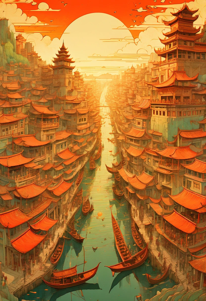 Ancient City at Sunset, by Wu Guanzhong, panoramic view, Ultra high saturation, (best quality, masterpiece, Representative work, official art, Professional, unity 8k wallpaper:1.3)