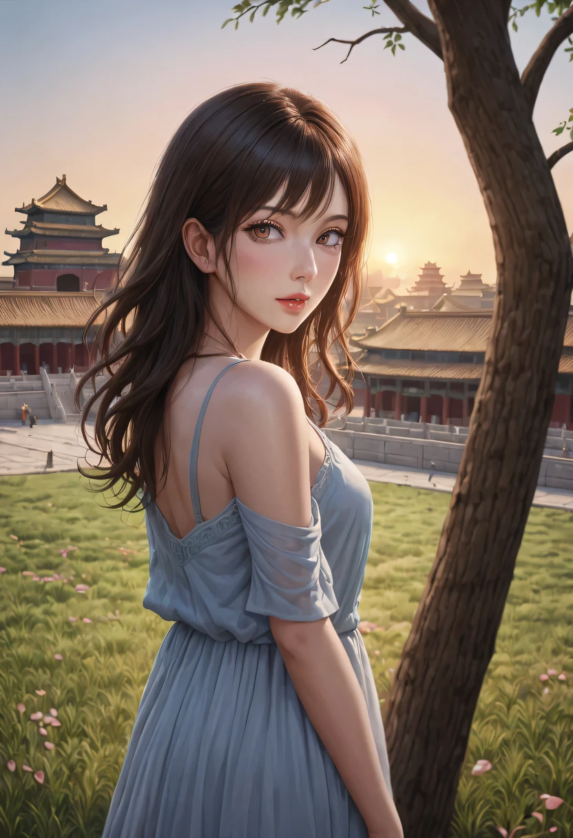 (best quality,4K,8k,high resolution,masterpiece:1.2),Super detailed,(actual,photoactual,photo-actual:1.37),portrait,Beautiful and delicate eyes,Beautiful and delicate lips,Extremely detailed eyes and face,long eyelashes,Styling poses,ancient city houses,flowing hair,Looking at the distant skyline,the setting sun illuminates the ancient the forbidden city,Create a beautiful scenery,The wind blows the girl&#39;s hair in the ancient city,the forbidden city,Sunset,sunset,Colorful clouds,falling petals,ancient city,Bare trees,mottled,an overgrown,quiet and desolate,contour,backlight,Contrast between light and shadow,haze,Cinema lighting,film grain