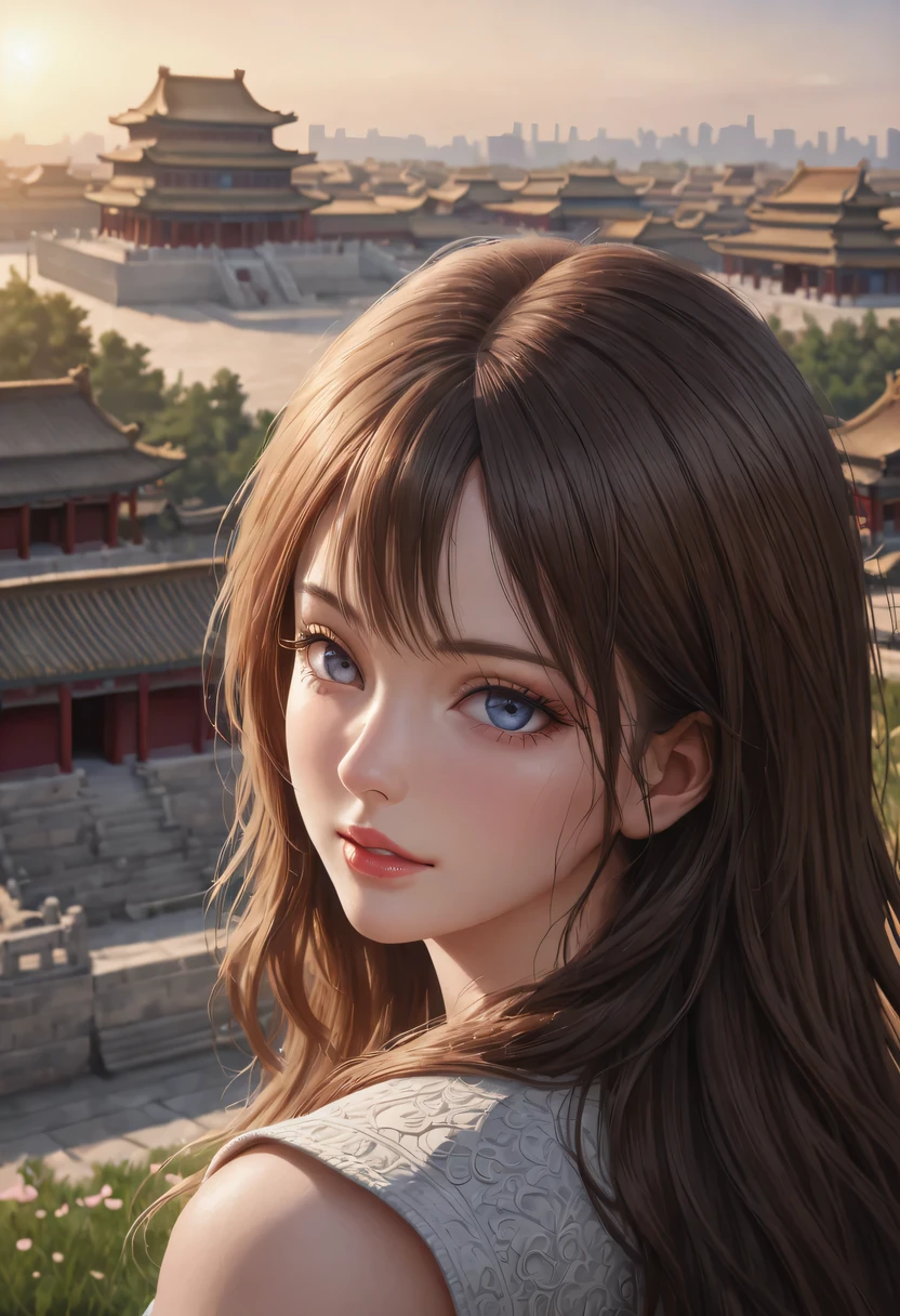 (best quality,4K,8k,high resolution,masterpiece:1.2),Super detailed,(actual,photoactual,photo-actual:1.37),portrait,Beautiful and delicate eyes,Beautiful and delicate lips,Extremely detailed eyes and face,long eyelashes,Styling poses,ancient city houses,flowing hair,Looking at the distant skyline,the setting sun illuminates the ancient the forbidden city,Create a beautiful scenery,The wind blows the girl's hair in the ancient city,the forbidden city,Sunset,sunset,Colorful clouds,falling petals,ancient city,Bare trees,mottled,an overgrown,quiet and desolate,contour,backlight,Contrast between light and shadow,haze,Cinema lighting,film grain