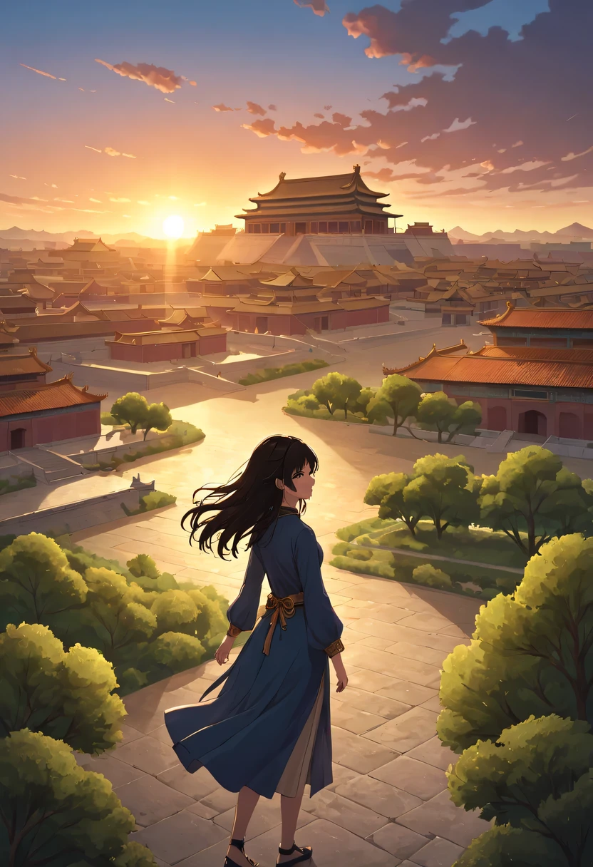 (1 girl:1.2),模特拍照姿势站在ancient city房屋的顶端，flowing long hair，Gaze at the distant skyline，那Sunset余晖与古老的the forbidden city映造出一道美丽的风景，west wind blows girl&#39;Long hair on the ancient road，(the forbidden city:1.3)，(Sunset:1.4)，Sunset，cloud，fallen flowers，ancient city，dead tree，mottled，grassland，Silent and desolate，contour，backlight，chiaroscuro，vignette，Cinema lighting，film grain,