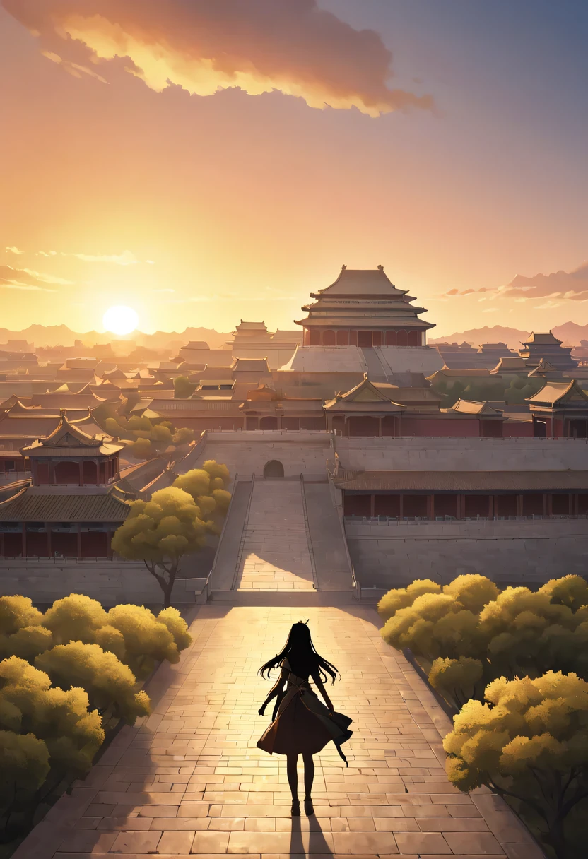 1 girl,模特拍照姿势站在ancient city房屋的顶端，flowing long hair，Gaze at the distant skyline，那Sunset余晖与古老的the forbidden city映造出一道美丽的风景，west wind blows girl&#39;Long hair on the ancient road，the forbidden city，Sunset，Sunset，cloud，fallen flowers，ancient city，dead tree，mottled，grassland，Silent and desolate，contour，backlight，chiaroscuro，vignette，Cinema lighting，film grain