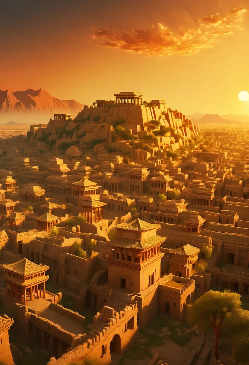 Ancient City at Sunset, by Mamiya, panoramic view, Ultra high saturation, (best quality, masterpiece, Representative work, official art, Professional, unity 8k wallpaper:1.3)