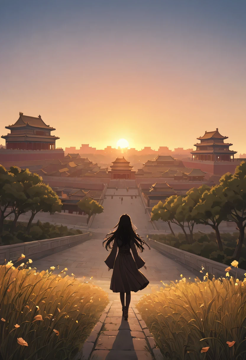 1 girl,模特拍照姿势站在ancient city房屋的顶端，flowing long hair，Gaze at the distant skyline，那Sunset余晖与古老的the forbidden city映造出一道美丽的风景，west wind blows girl&#39;Long hair on the ancient road，the forbidden city，Sunset，Sunset，cloud，fallen flowers，ancient city，dead tree，mottled，grassland，Silent and desolate，contour，backlight，chiaroscuro，vignette，Cinema lighting，film grain